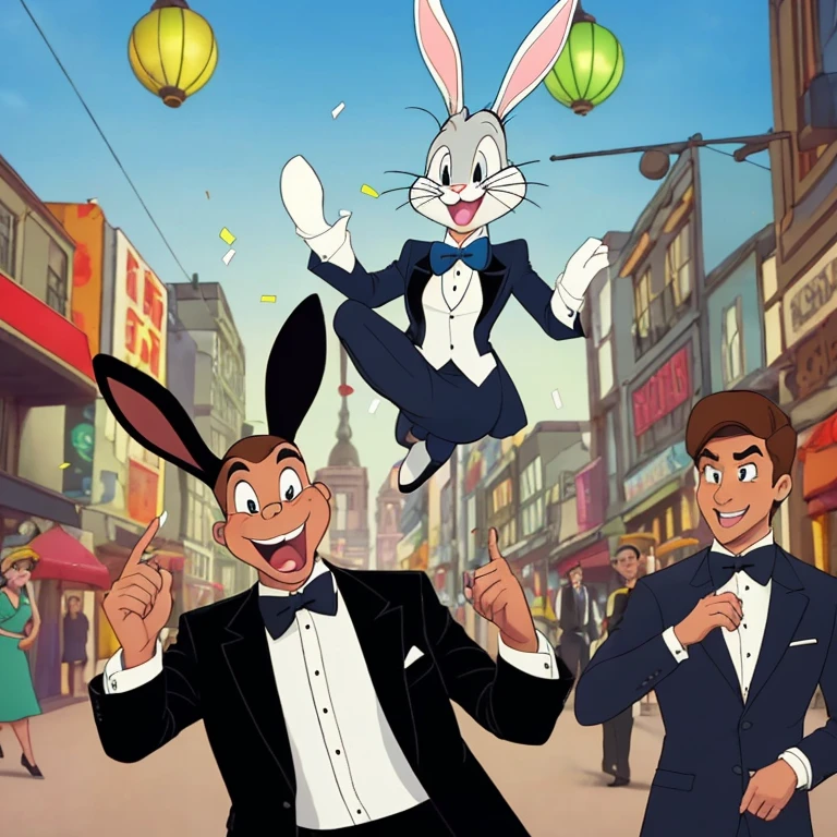 (Bugs Bunny,James Bond secret agent:1.1,Hi Class tuxedo:1.3,spy gadgets),high stakes Roulette table,comedy,slapstick comedy,(best quality,4k,8k,highres,masterpiece:1.2),ultra-detailed,(realistic,photorealistic,photo-realistic:1.37),portraits,vivid colors,studio lighting,physically-based rendering,extreme detail description,long ears,hilarious expression,classy bow tie,sparkling cufflinks,cunning smile,roulette wheel spinning,excited crowd,confetti flying,bunny ears disguised as spy equipment,jaw-dropping spy gadgets,action-packed scene,explosive pranks,hidden smoke bombs,light-hearted atmosphere,unexpected surprises,juggling with roulette balls,jazz music playing in the background,brilliantly executed comedic timing,fast-paced energy,witty wordplay,quizzical expressions,humorous banter between characters,rabbit-themed spy gadgets,007-inspired dance moves,irresistible charm,unpredictable twists and turns,graceful movement,flamboyant gestures,pixel-perfect clarity.