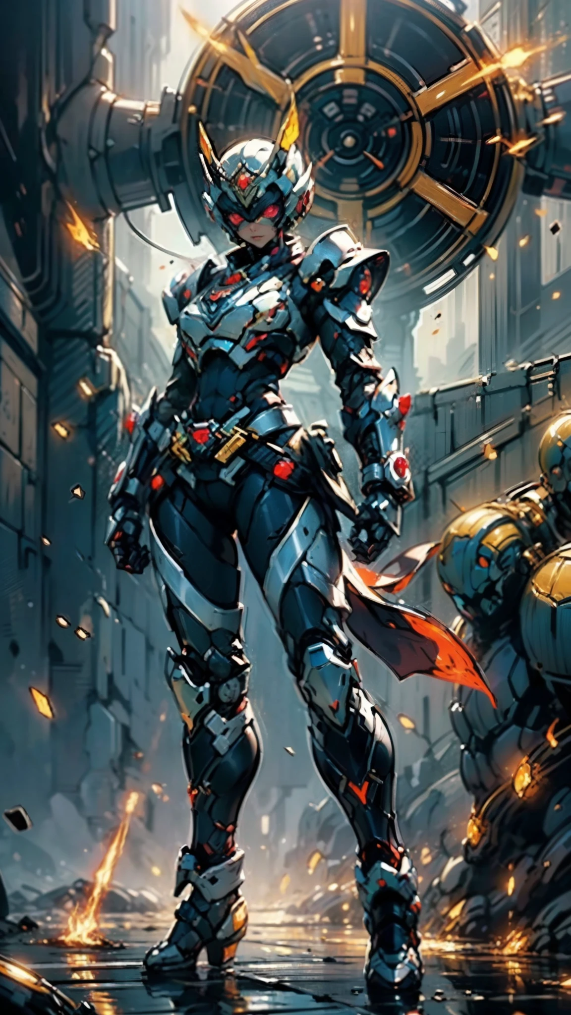 A woman adorned in fantasy-style full-body armor, a crown-concept fully enclosed helmet that unveils only her eyes, a composite layered chest plate, fully encompassing shoulder and hand guards, a lightweight waist armor, form-fitting shin guards, the overall design is heavy-duty yet flexible, ((the armor gleams with a golden glow, complemented by red and blue accents)), exhibiting a noble aura, she floats above a fantasy-surreal high-tech city, this character embodies a finely crafted fantasy-surreal style armored hero in anime style, exquisite and mature manga art style, (Queen bee mixed with Spider concept Armor, plasma, blood), ((Element, energy, elegant, goddess, femminine:1.5)), metallic, high definition, best quality, highres, ultra-detailed, ultra-fine painting, extremely delicate, professional, anatomically correct, symmetrical face, extremely detailed eyes and face, high quality eyes, creativity, RAW photo, UHD, 32k, Natural light, cinematic lighting, masterpiece-anatomy-perfect, masterpiece:1.5