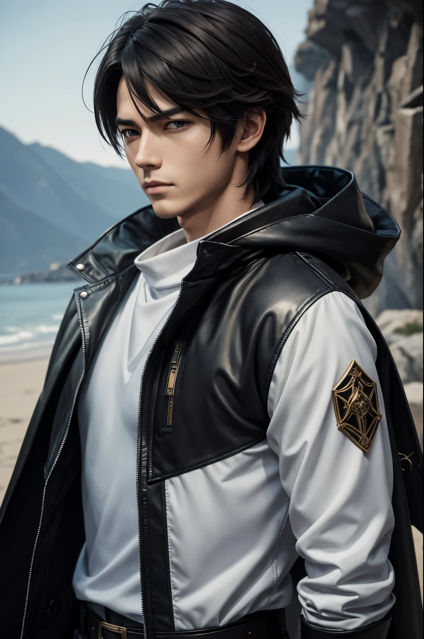 8k,Ara wearing a leather jacket stands on the beach々nice man々new image, super handsome prince(like the real thing),Jacen Solo, by ヤン・J, Inspired by Raymond Han, Demon Slayer: Kimetsu no Yaiba Art Handsome Man, Caleb resigns from important position, handsome anime pose, Inspired by Adam Dalio Kiel, beautiful androgynous prince, Makoto Shinkai ( apex legend ), inspired by Han Gan,masterpiece,Photorealistic RAW photos of the highest quality。bright colors,rich colors, Backlight, cinematic lighting, film grain, to be born, 50mm lens, Nikon D850,realistic skin,detailed character art,ultra high resolution,realistic skin,mountain path,beard,