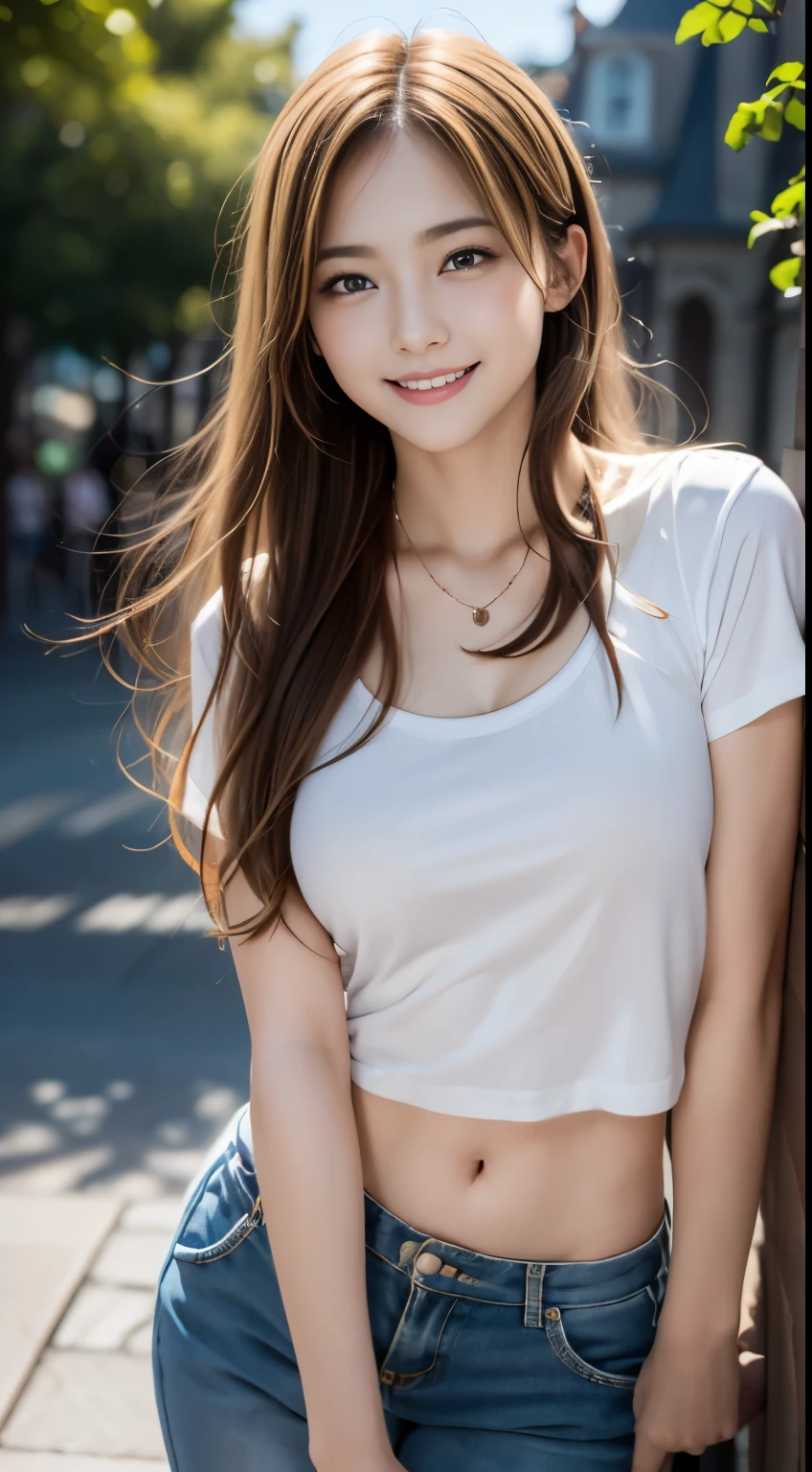 (Raw photo:1.2)、highest quality、precise beauty、beautiful long hair woman、The most beautiful women in the world、Beautiful sharp features、21 years old、Also々Sibi、Smooth super short hair that looks blonde、highly detailed face、cute smiling girl、happy look、beautiful and fine eyes、eyeliner、small face、plump breasts、T-shirt、necklace、semi-backlit、High resolution、8k wallpaper、finely、The gesture of pulling up the hair(photorealism:1.4)、super detail、masterpiece、thrust one&#39;s crotch forward、Very bright photo、at disneyland、(laughing out loud)、Take off your pants and put them on your fingers：1.5