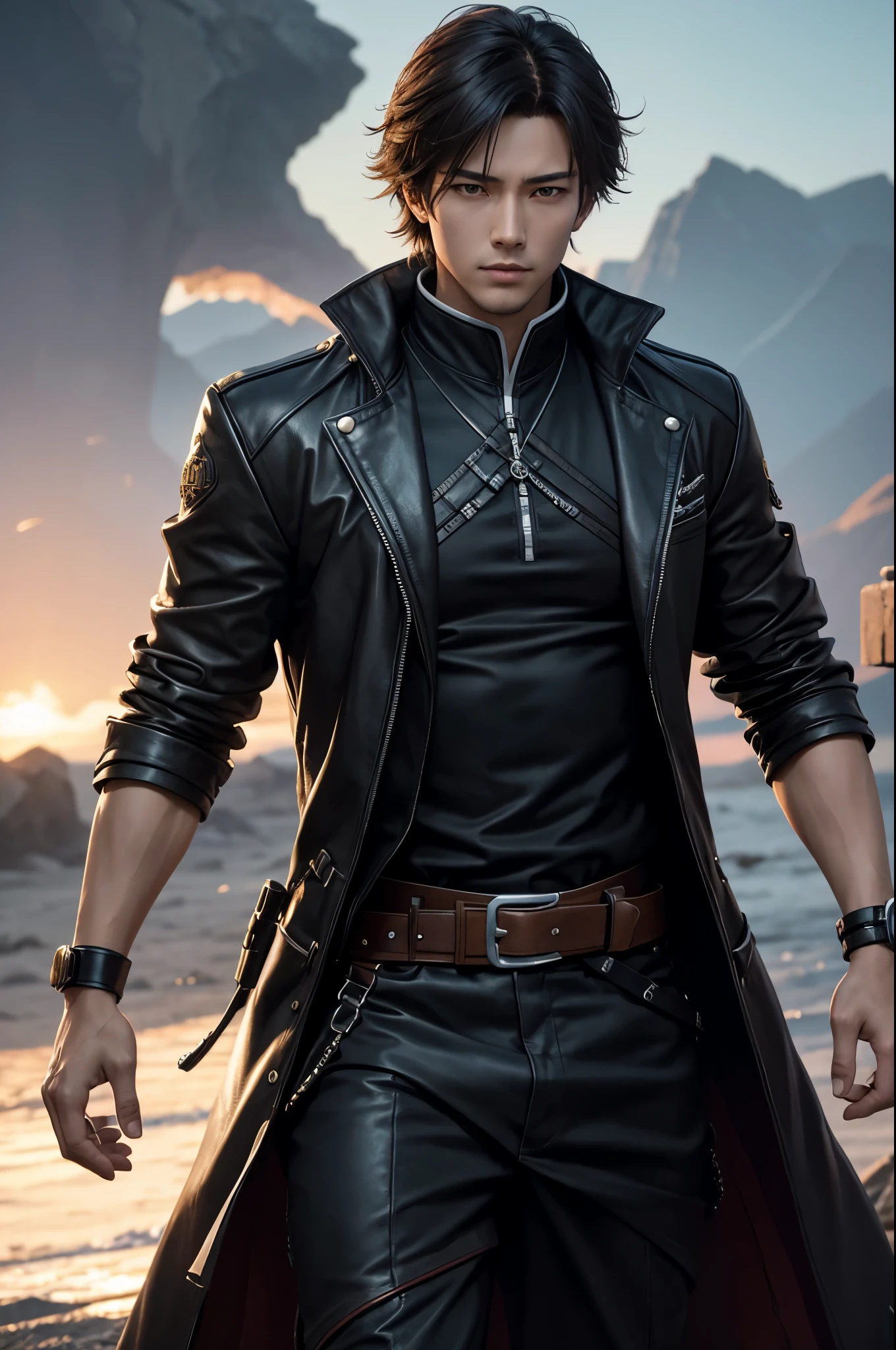 8k,Ara wearing a leather jacket stands on the beach々nice man々new image, super handsome prince(like the real thing),Jacen Solo, by ヤン・J, Inspired by Raymond Han, Demon Slayer: Kimetsu no Yaiba Art Handsome Man, Caleb resigns from important position, handsome anime pose, Inspired by Adam Dalio Kiel, beautiful androgynous prince, Makoto Shinkai ( apex legend ), inspired by Han Gan,masterpiece,Photorealistic RAW photos of the highest quality。bright colors,rich colors, Backlight, cinematic lighting, film grain, to be born, 50mm lens, Nikon D850,realistic skin,detailed character art,ultra high resolution,realistic skin,mountain path,beard,