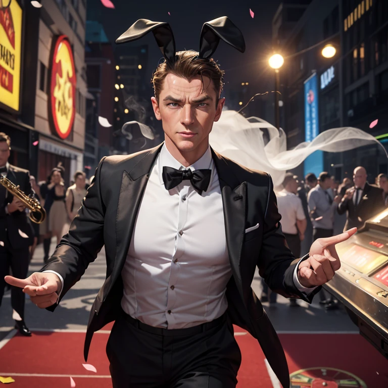 (Bugs Bunny,James Bond secret agent:1.1,Hi Class tuxedo:1.3,spy gadgets),high stakes Roulette table,comedy,slapstick comedy,(best quality,4k,8k,highres,masterpiece:1.2),ultra-detailed,(realistic,photorealistic,photo-realistic:1.37),portraits,vivid colors,studio lighting,physically-based rendering,extreme detail description,long ears,hilarious expression,classy bow tie,sparkling cufflinks,cunning smile,roulette wheel spinning,excited crowd,confetti flying,bunny ears disguised as spy equipment,jaw-dropping spy gadgets,action-packed scene,explosive pranks,hidden smoke bombs,light-hearted atmosphere,unexpected surprises,juggling with roulette balls,jazz music playing in the background,brilliantly executed comedic timing,fast-paced energy,witty wordplay,quizzical expressions,humorous banter between characters,rabbit-themed spy gadgets,007-inspired dance moves,irresistible charm,unpredictable twists and turns,graceful movement,flamboyant gestures,pixel-perfect clarity.