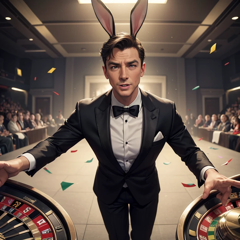 (Bugs Bunny,James Bond secret agent:1.1,Hi Class tuxedo:1.3,spy gadgets),high stakes Roulette table,comedy,slapstick comedy,(best quality,4k,8k,highres,masterpiece:1.2),ultra-detailed,(realistic,photorealistic,photo-realistic:1.37),portraits,vivid colors,studio lighting,physically-based rendering,extreme detail description,long ears,hilarious expression,classy bow tie,sparkling cufflinks,cunning smile,roulette wheel spinning,excited crowd,confetti flying,bunny ears disguised as spy equipment,jaw-dropping spy gadgets,action-packed scene,explosive pranks,hidden smoke bombs,light-hearted atmosphere,unexpected surprises,juggling with roulette balls,jazz music playing in the background,brilliantly executed comedic timing,fast-paced energy,witty wordplay,quizzical expressions,humorous banter between characters,rabbit-themed spy gadgets,007-inspired dance moves,irresistible charm,unpredictable twists and turns,graceful movement,flamboyant gestures,pixel-perfect clarity.