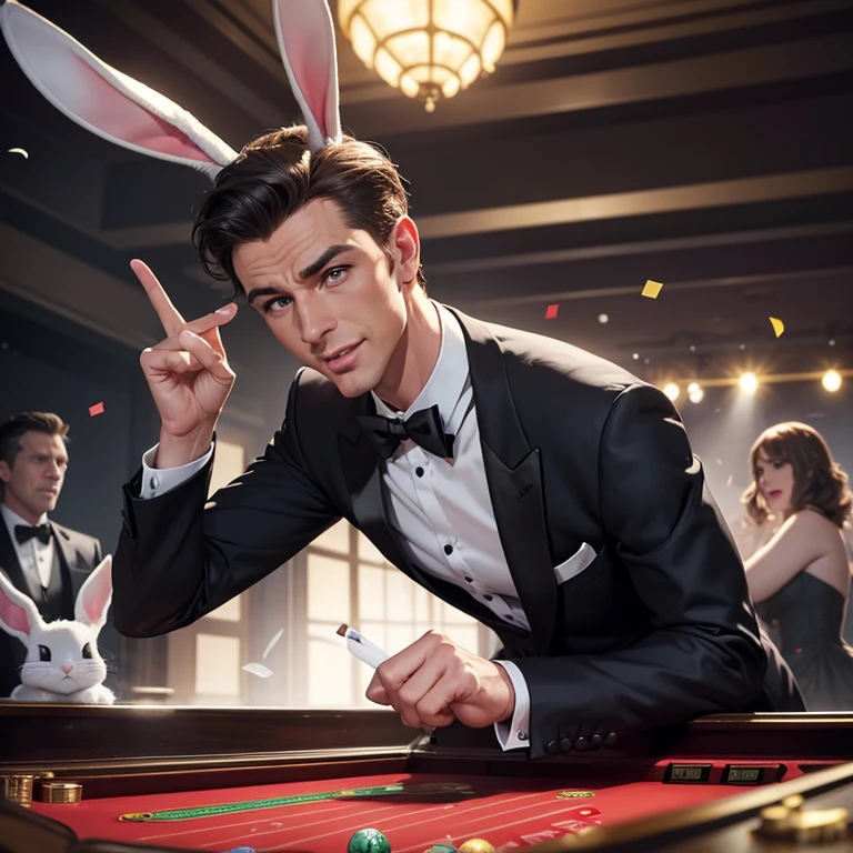 (Bugs Bunny,James Bond secret agent:1.1,Hi Class tuxedo:1.3,spy gadgets),high stakes Roulette table,comedy,slapstick comedy,(best quality,4k,8k,highres,masterpiece:1.2),ultra-detailed,(realistic,photorealistic,photo-realistic:1.37),portraits,vivid colors,studio lighting,physically-based rendering,extreme detail description,long ears,hilarious expression,classy bow tie,sparkling cufflinks,cunning smile,roulette wheel spinning,excited crowd,confetti flying,bunny ears disguised as spy equipment,jaw-dropping spy gadgets,action-packed scene,explosive pranks,hidden smoke bombs,light-hearted atmosphere,unexpected surprises,juggling with roulette balls,jazz music playing in the background,brilliantly executed comedic timing,fast-paced energy,witty wordplay,quizzical expressions,humorous banter between characters,rabbit-themed spy gadgets,007-inspired dance moves,irresistible charm,unpredictable twists and turns,graceful movement,flamboyant gestures,pixel-perfect clarity.