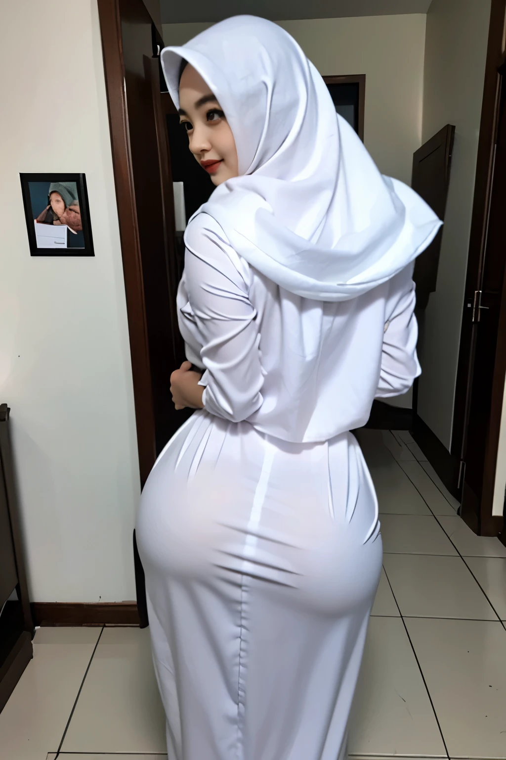 a close view photo of woman with hijab doggy style posing from behind, without using any clothes, thick body, sexy body, nude body, naked, fuckable pose, show breast, show tits, show vagina, hairy pussy, big ass, standing, sexy body curve, big, big cleavage