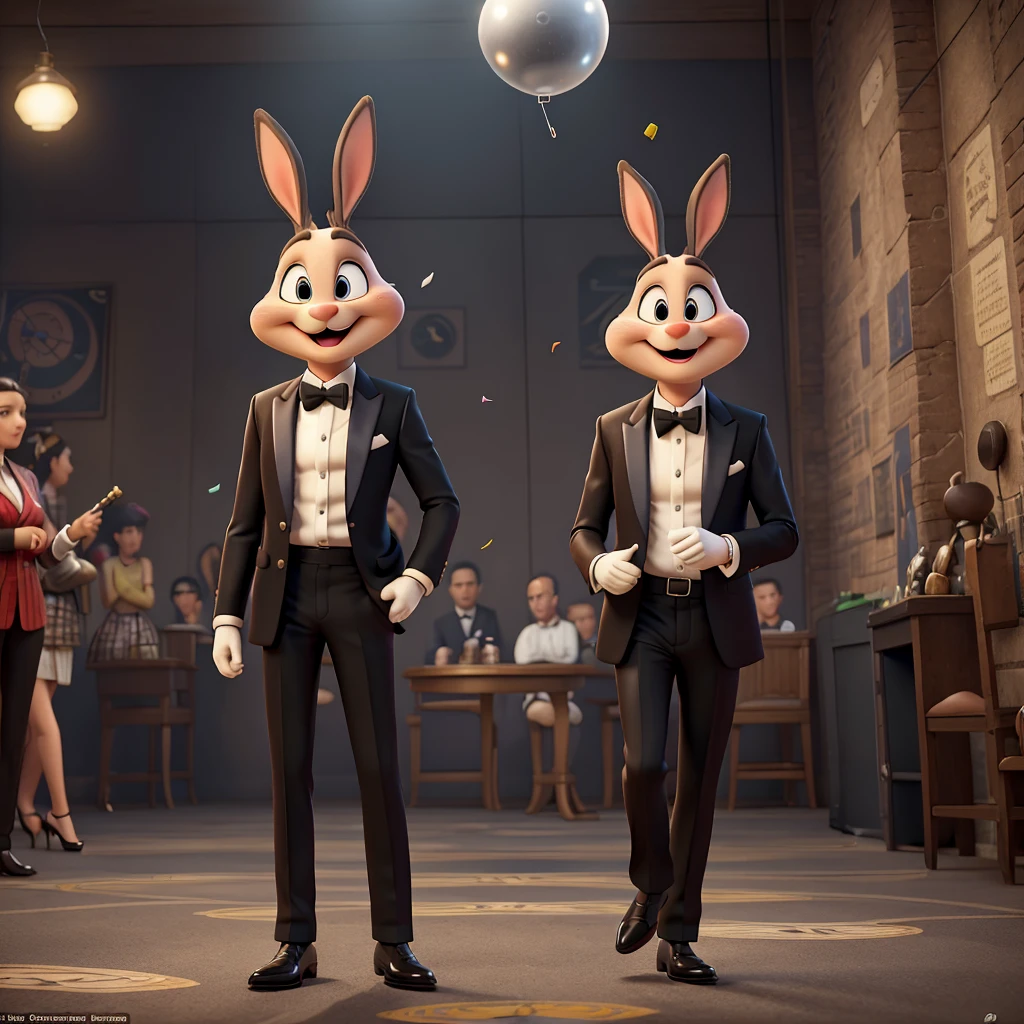 (Bugs Bunny,James Bond secret agent:1.1,Hi Class tuxedo:1.3,spy gadgets),high stakes Roulette table,comedy,slapstick comedy,(best quality,4k,8k,highres,masterpiece:1.2),ultra-detailed,(realistic,photorealistic,photo-realistic:1.37),portraits,vivid colors,studio lighting,physically-based rendering,extreme detail description,long ears,hilarious expression,classy bow tie,sparkling cufflinks,cunning smile,roulette wheel spinning,excited crowd,confetti flying,bunny ears disguised as spy equipment,jaw-dropping spy gadgets,action-packed scene,explosive pranks,hidden smoke bombs,light-hearted atmosphere,unexpected surprises,juggling with roulette balls,jazz music playing in the background,brilliantly executed comedic timing,fast-paced energy,witty wordplay,quizzical expressions,humorous banter between characters,rabbit-themed spy gadgets,007-inspired dance moves,irresistible charm,unpredictable twists and turns,graceful movement,flamboyant gestures,pixel-perfect clarity.