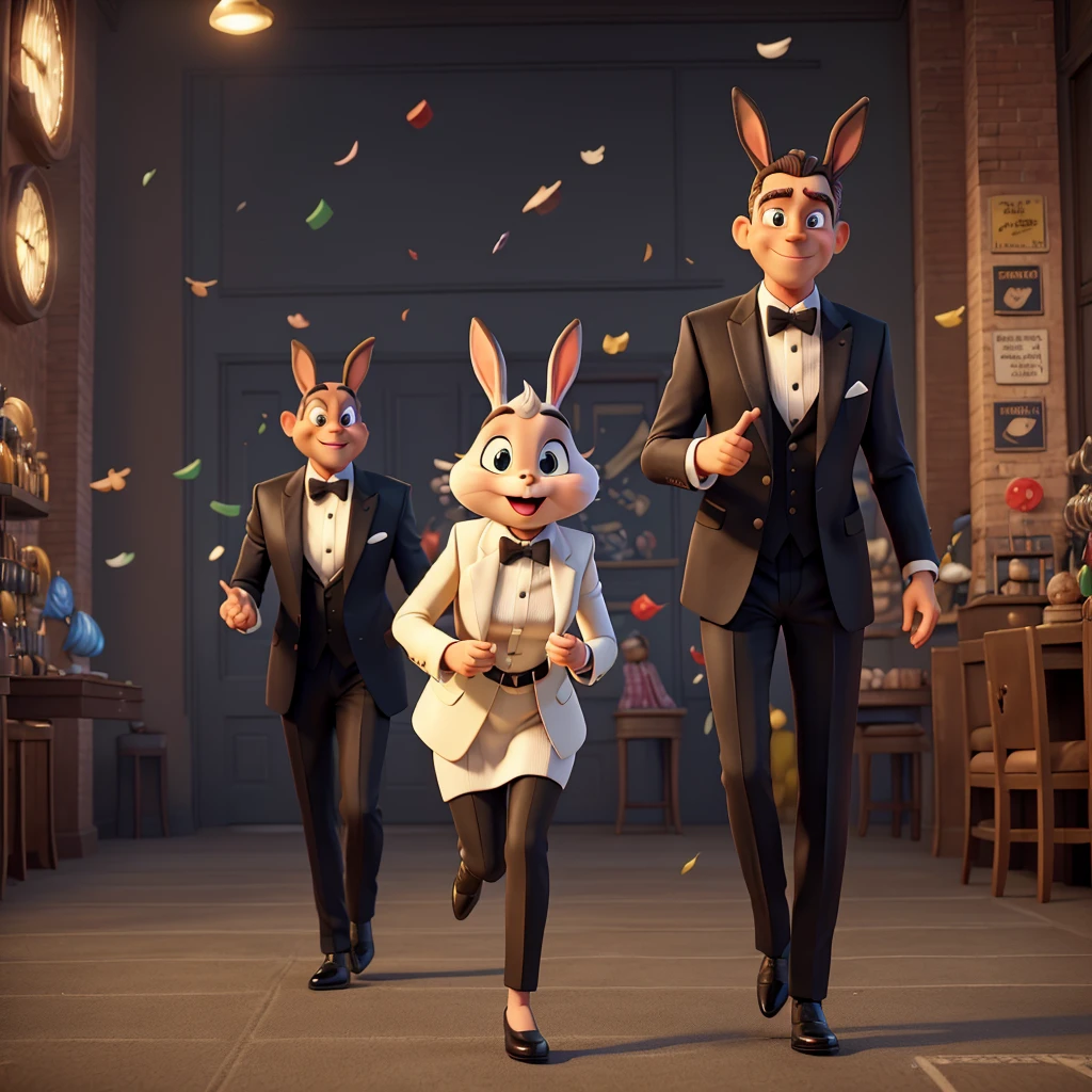 (Bugs Bunny,James Bond secret agent:1.1,Hi Class tuxedo:1.3,spy gadgets),high stakes Roulette table,comedy,slapstick comedy,(best quality,4k,8k,highres,masterpiece:1.2),ultra-detailed,(realistic,photorealistic,photo-realistic:1.37),portraits,vivid colors,studio lighting,physically-based rendering,extreme detail description,long ears,hilarious expression,classy bow tie,sparkling cufflinks,cunning smile,roulette wheel spinning,excited crowd,confetti flying,bunny ears disguised as spy equipment,jaw-dropping spy gadgets,action-packed scene,explosive pranks,hidden smoke bombs,light-hearted atmosphere,unexpected surprises,juggling with roulette balls,jazz music playing in the background,brilliantly executed comedic timing,fast-paced energy,witty wordplay,quizzical expressions,humorous banter between characters,rabbit-themed spy gadgets,007-inspired dance moves,irresistible charm,unpredictable twists and turns,graceful movement,flamboyant gestures,pixel-perfect clarity.