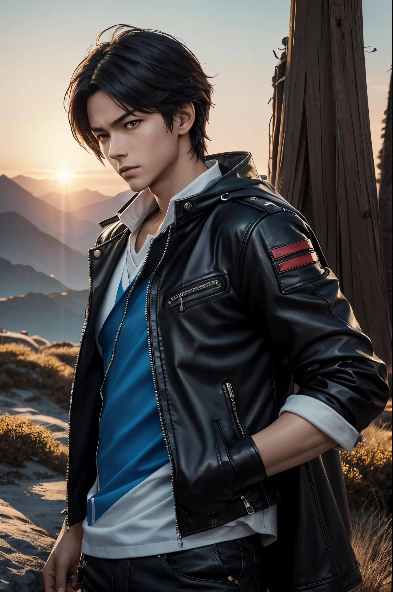 8k,Ara wearing a leather jacket stands on the beach々nice man々new image, handsome prince(like the real thing),Jacen Solo, by ヤン・J, Inspired by Raymond Han, Demon Slayer: Kimetsu no Yaiba Art Handsome Man, Caleb resigns from important position, handsome anime pose, Inspired by Adam Dalio Kiel, beautiful androgynous prince, Makoto Shinkai ( apex legend ), inspired by Han Gan,masterpiece,Photorealistic RAW photos of the highest quality。bright colors,rich colors, Backlight, cinematic lighting, film grain, to be born, 50mm lens, Nikon D850,realistic skin,detailed character art,ultra high resolution,realistic skin,mountain path,comical pose,Sad prince,cheerful man,