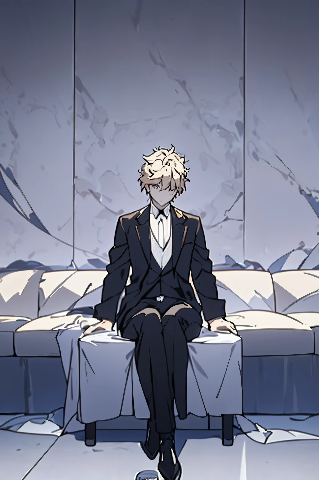 Masterpiece, Best Quality, 1boy, side_view, full_body, sitting, blonde_hair, short_hair, white_shirt, black_tie, black_pants, black_shoes, white_background, face_visible, mobile_interface, (size: 1024x2048), (resolution: 300dpi)