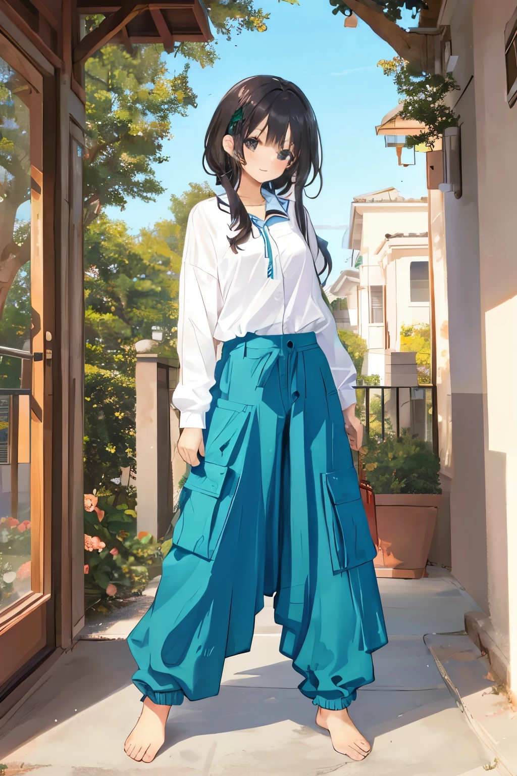 Girl with a collar, baggy pants, barefoot, Lock