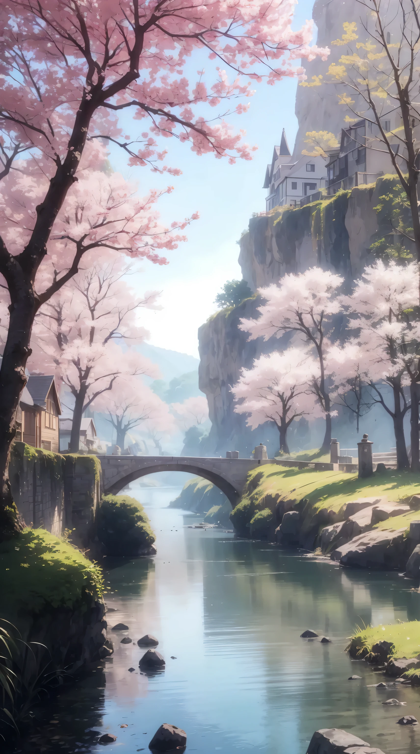 Draw a river with a small village, anime beautiful peace scene, very beautiful landscape, landscape artwork, landscape art detail, very beautiful digital art, beauty of natural landscape, beautiful art UHD 4 K, very beautiful photos, beautiful nature, landscape wallpaper, really beautiful nature, beautiful digital artwork, beautiful background, cherry blossom trees, anime style