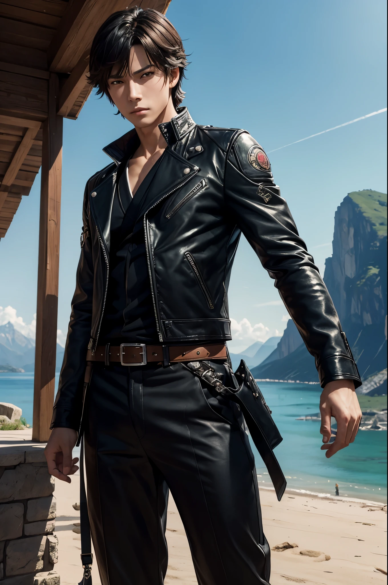 8k,Ara wearing a leather jacket stands on the beach々nice man々new image, handsome prince(like the real thing),Jacen Solo, by ヤン・J, Inspired by Raymond Han, Demon Slayer: Kimetsu no Yaiba Art Handsome Man, Caleb resigns from important position, Inspired by Adam Dalio Kiel, beautiful androgynous prince, Makoto Shinkai ( apex legend ), inspired by Han Gan,masterpiece,Photorealistic RAW photos of the highest quality。bright colors,rich colors, Backlight, cinematic lighting, film grain, to be born, 50mm lens, Nikon D850,realistic skin,detailed character art,ultra high resolution,realistic skin,mountain path,comical pose,Sad prince,cheerful man,