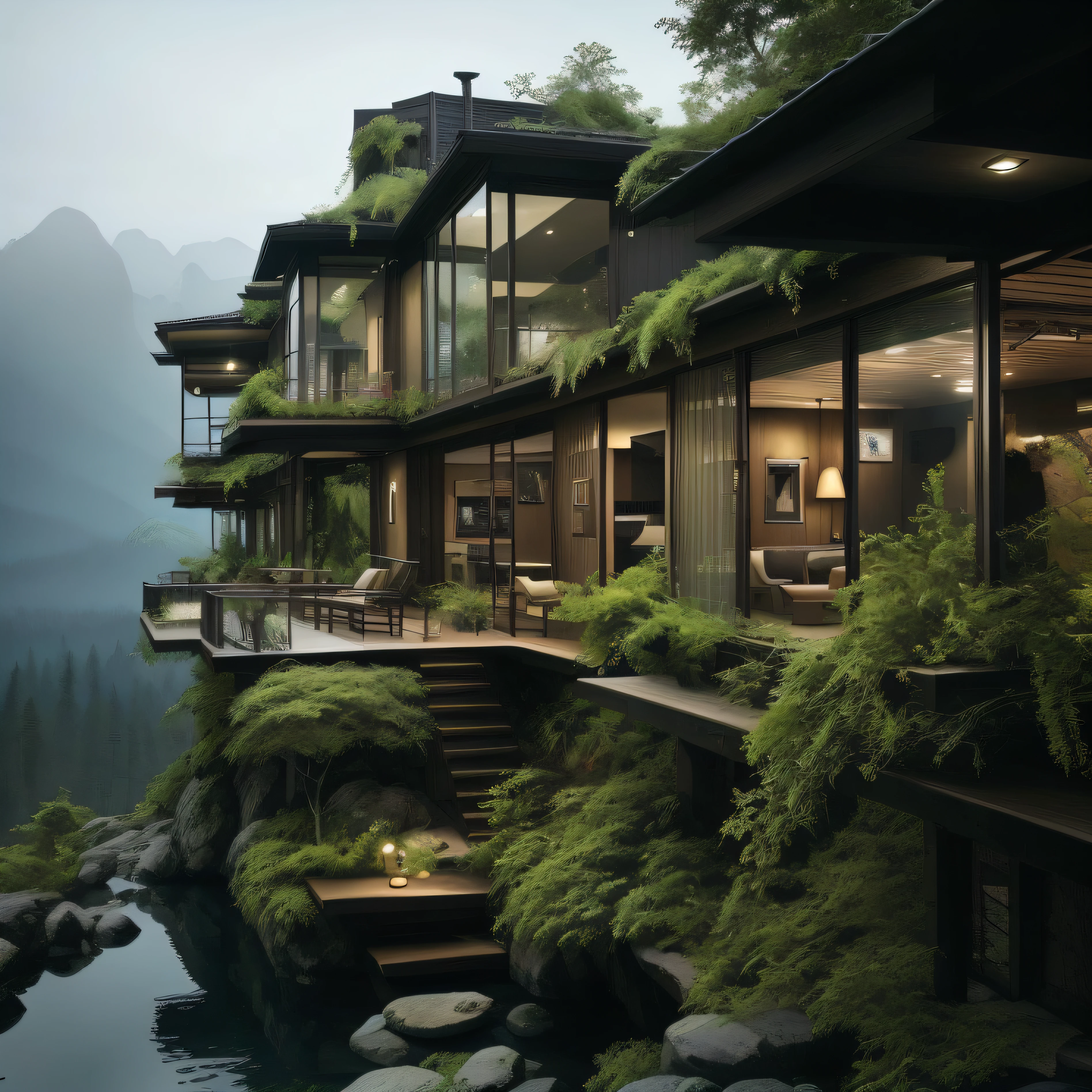 Arafed-Haus mit Balkon und Veranda mit Blick auf den Fluss, Natur trifft auf Architektur, Build in a forest near a lake, bergige Dschungelkulisse, Nature takes over, in the middle of completely covered nature, hanging gardens, Beautiful house on a forest path, Mischt sich mit Bruchtal-Architektur, in die Berge integriert, luxurious onsens, Pflanzenarchitektur