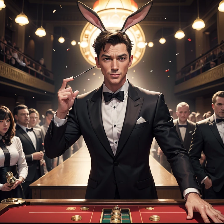 (Bugs Bunny,James Bond secret agent:1.1,Hi Class tuxedo:1.3,spy gadgets),high stakes Roulette table,comedy,slapstick comedy,(best quality,4k,8k,highres,masterpiece:1.2),ultra-detailed,(realistic,photorealistic,photo-realistic:1.37),portraits,vivid colors,studio lighting,physically-based rendering,extreme detail description,long ears,hilarious expression,classy bow tie,sparkling cufflinks,cunning smile,roulette wheel spinning,excited crowd,confetti flying,bunny ears disguised as spy equipment,jaw-dropping spy gadgets,action-packed scene,explosive pranks,hidden smoke bombs,light-hearted atmosphere,unexpected surprises,juggling with roulette balls,jazz music playing in the background,brilliantly executed comedic timing,fast-paced energy,witty wordplay,quizzical expressions,humorous banter between characters,rabbit-themed spy gadgets,007-inspired dance moves,irresistible charm,unpredictable twists and turns,graceful movement,flamboyant gestures,pixel-perfect clarity.