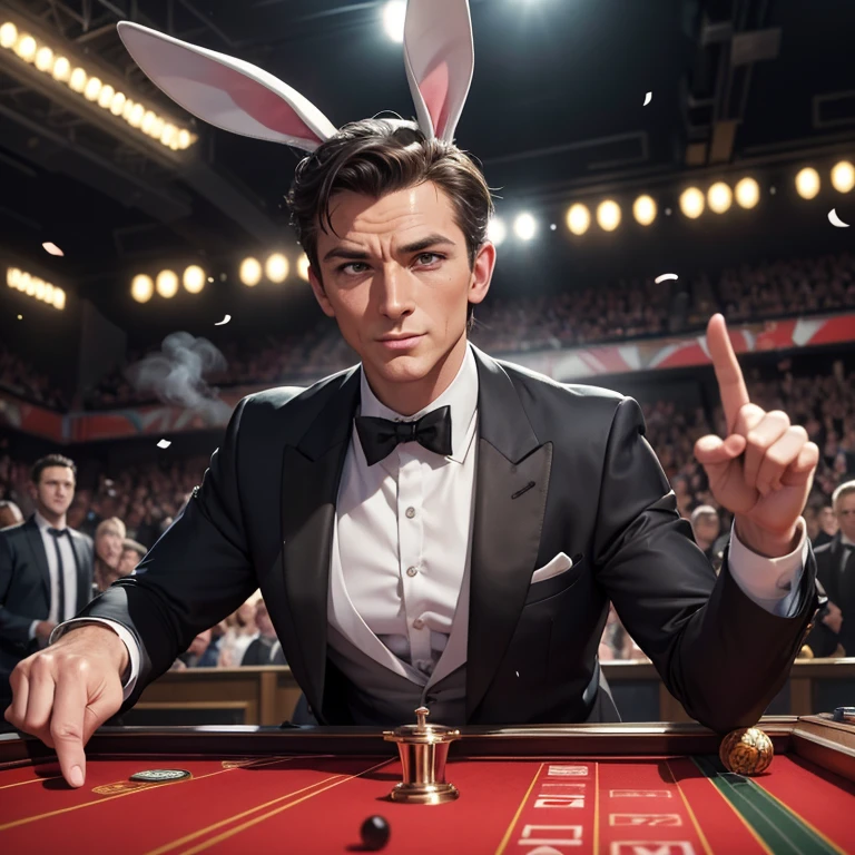 (Bugs Bunny,James Bond secret agent:1.1,Hi Class tuxedo:1.3,spy gadgets),high stakes Roulette table,comedy,slapstick comedy,(best quality,4k,8k,highres,masterpiece:1.2),ultra-detailed,(realistic,photorealistic,photo-realistic:1.37),portraits,vivid colors,studio lighting,physically-based rendering,extreme detail description,long ears,hilarious expression,classy bow tie,sparkling cufflinks,cunning smile,roulette wheel spinning,excited crowd,confetti flying,bunny ears disguised as spy equipment,jaw-dropping spy gadgets,action-packed scene,explosive pranks,hidden smoke bombs,light-hearted atmosphere,unexpected surprises,juggling with roulette balls,jazz music playing in the background,brilliantly executed comedic timing,fast-paced energy,witty wordplay,quizzical expressions,humorous banter between characters,rabbit-themed spy gadgets,007-inspired dance moves,irresistible charm,unpredictable twists and turns,graceful movement,flamboyant gestures,pixel-perfect clarity.