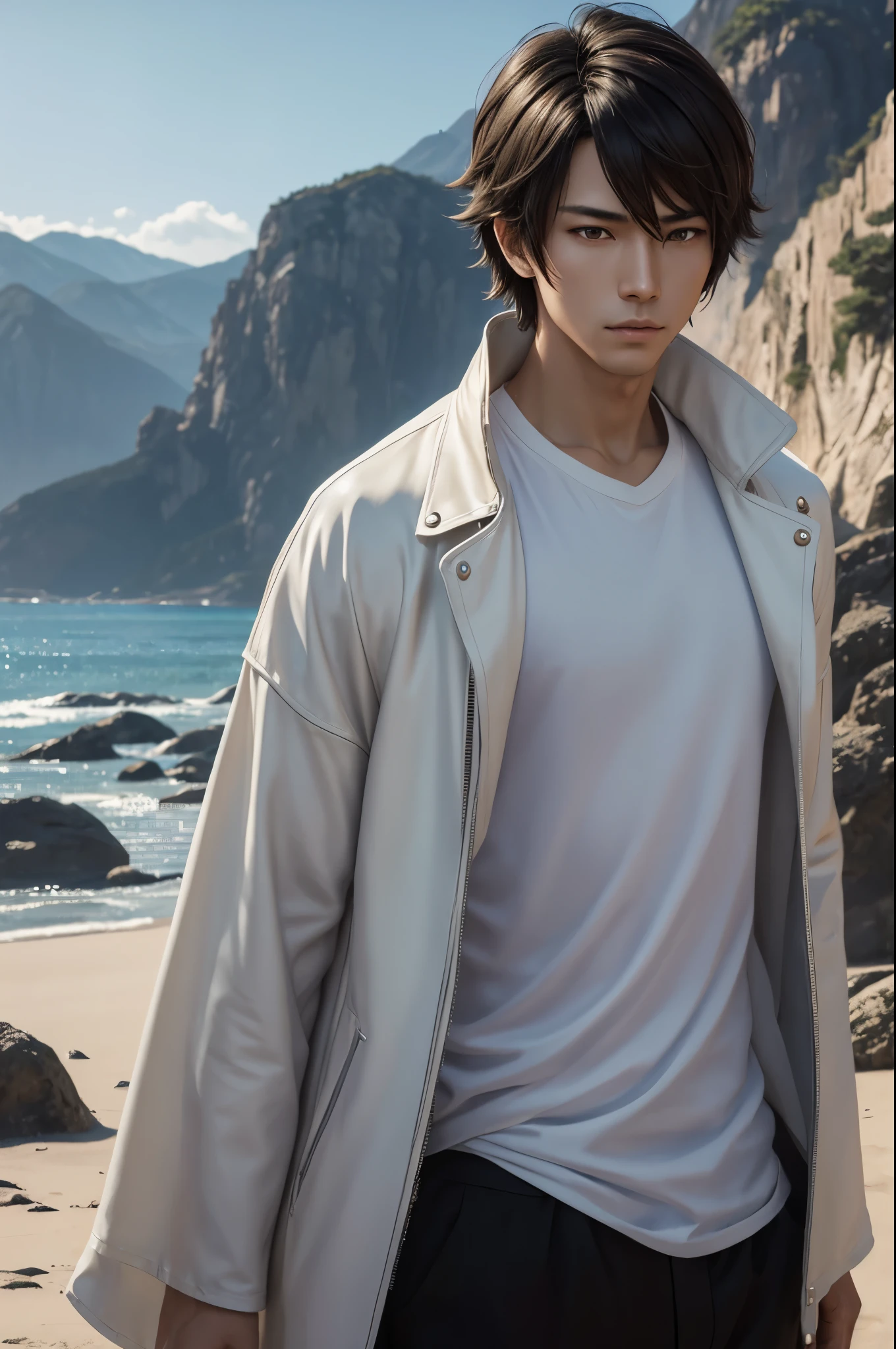 8k,Ara in a white t-shirt and leather jacket stands on the beach々nice man々new image, handsome prince(like the real thing),Jacen Solo, by ヤン・J, Inspired by Raymond Han, Demon Slayer: Kimetsu no Yaiba Art Handsome Man, Caleb resigns from important position, Inspired by Adam Dalio Kiel, beautiful androgynous prince, Makoto Shinkai ( apex legend ), inspired by Han Gan,masterpiece,Photorealistic RAW photos of the highest quality。bright colors,rich colors, Backlight, cinematic lighting, film grain, to be born, 50mm lens, Nikon D850,realistic skin,detailed character art,ultra high resolution,realistic skin,mountain path,comical pose,Sad prince,cheerful man,