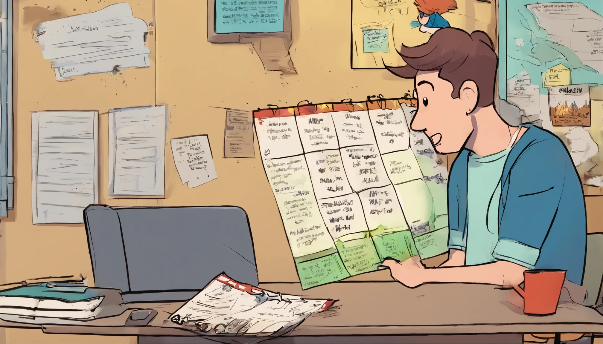 a male character with an excited expression is wiping down a messy wall calendar while staring at a well-organized schedule on his phone? This could reflect a shift from procrastination to more structured planning in overcoming the cycle of poverty.Detailed, cinematic, 4k quality