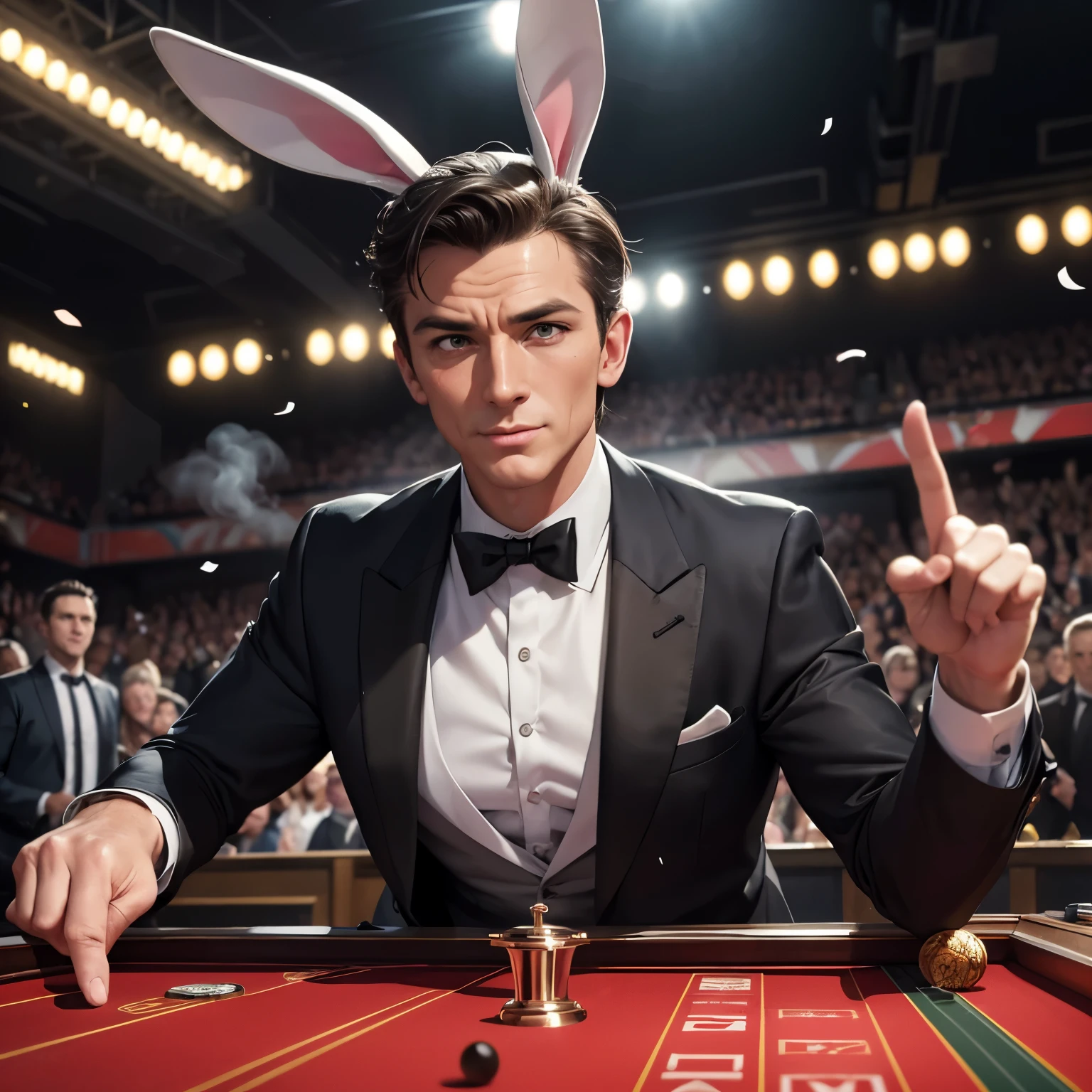(Bugs Bunny,James Bond secret agent:1.1,Hi Class tuxedo:1.3,spy gadgets),high stakes Roulette table,comedy,slapstick comedy,(best quality,4k,8k,highres,masterpiece:1.2),ultra-detailed,(realistic,photorealistic,photo-realistic:1.37),portraits,vivid colors,studio lighting,physically-based rendering,extreme detail description,long ears,hilarious expression,classy bow tie,sparkling cufflinks,cunning smile,roulette wheel spinning,excited crowd,confetti flying,bunny ears disguised as spy equipment,jaw-dropping spy gadgets,action-packed scene,explosive pranks,hidden smoke bombs,light-hearted atmosphere,unexpected surprises,juggling with roulette balls,jazz music playing in the background,brilliantly executed comedic timing,fast-paced energy,witty wordplay,quizzical expressions,humorous banter between characters,rabbit-themed spy gadgets,007-inspired dance moves,irresistible charm,unpredictable twists and turns,graceful movement,flamboyant gestures,pixel-perfect clarity.