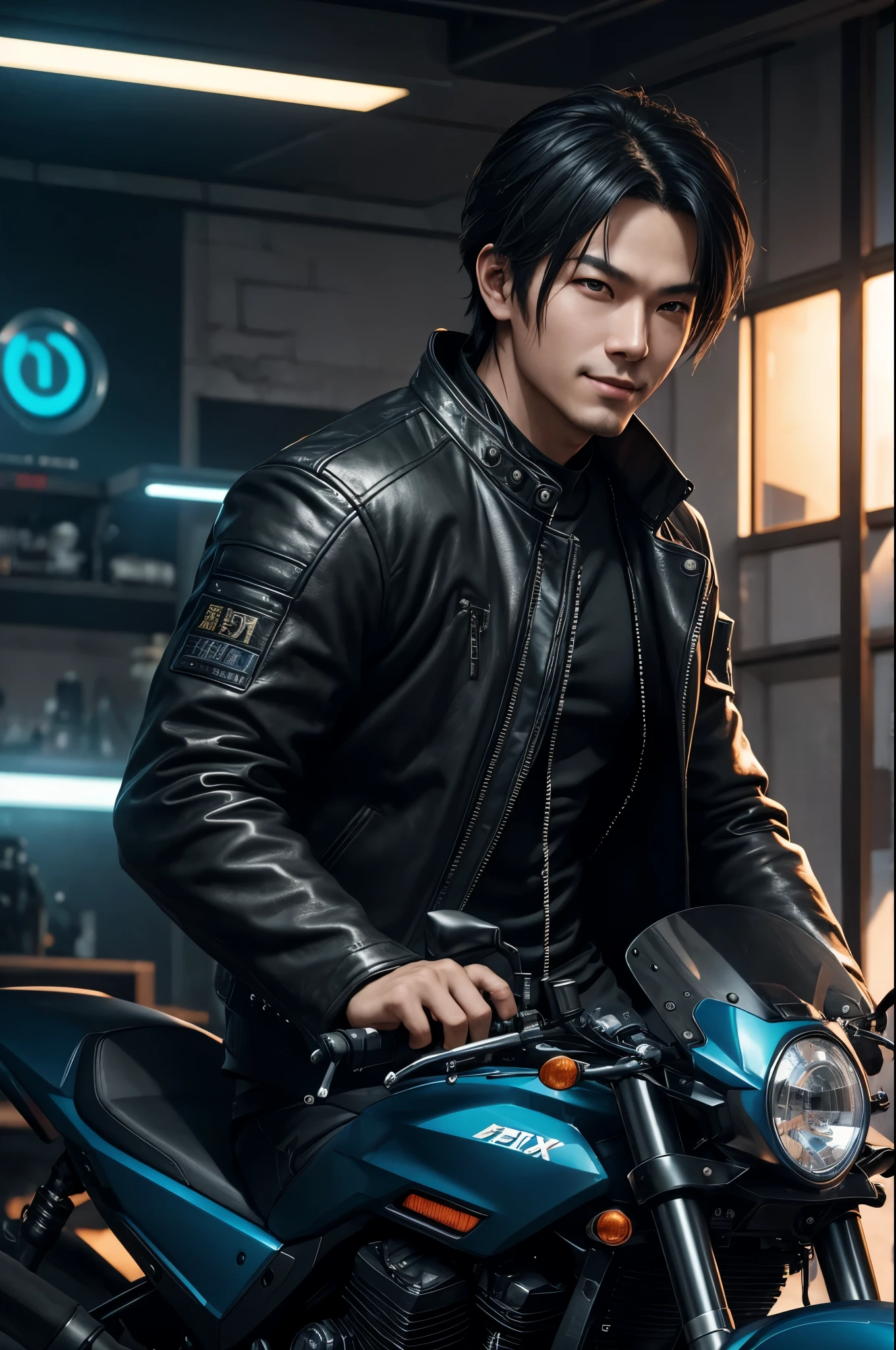 8K,A man in a leather jacket sits on a motorcycle, by ヤン・J, Yanjun Cento, Wojtek Füss, sitting on a cyberpunk bike, Inspired by Yanjun Chen, wlop and ross tran, Makoto Shinkai ( apex legend ), Chengwei Pan at Art Station, cyberpunk hero, cgsociety と fenghua zhong, game CG, fan art,masterpiece,Photorealistic RAW photos of the highest quality。bright colors,rich colors, Backlight, cinematic lighting, film grain, to be born, 50mm lens, Nikon D850,realistic skin,detailed character art,ultra high resolution,realistic skin,mountain path,comical pose,Sad prince,cheerful man,smile,