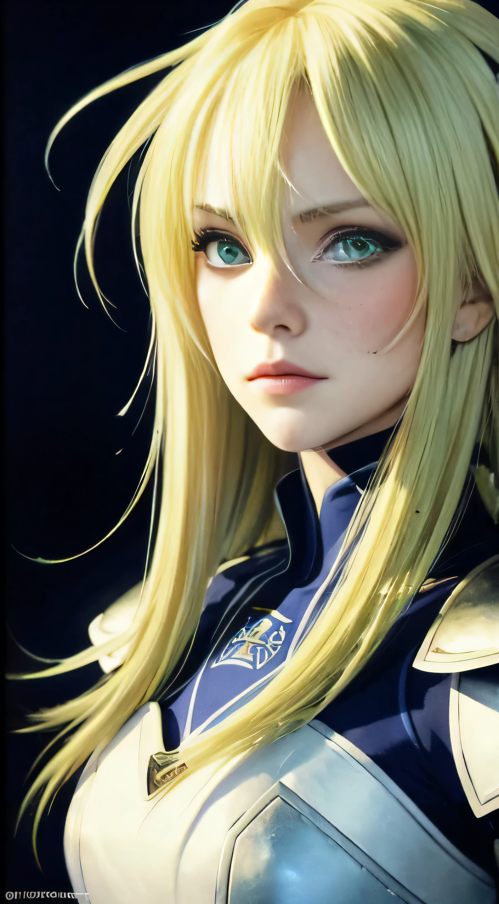 (masterpiece:1.2), (absurdres), (detailed face),(detailed eyes), (best quality) (traditional media:1.2) , (white backround), upperbody, (expressionless), artoria_pendragon_(fate), saber, armor, blonde hair, gauntlets, green eyes, hair ribbon, armored dress, ahoge, blue dress,