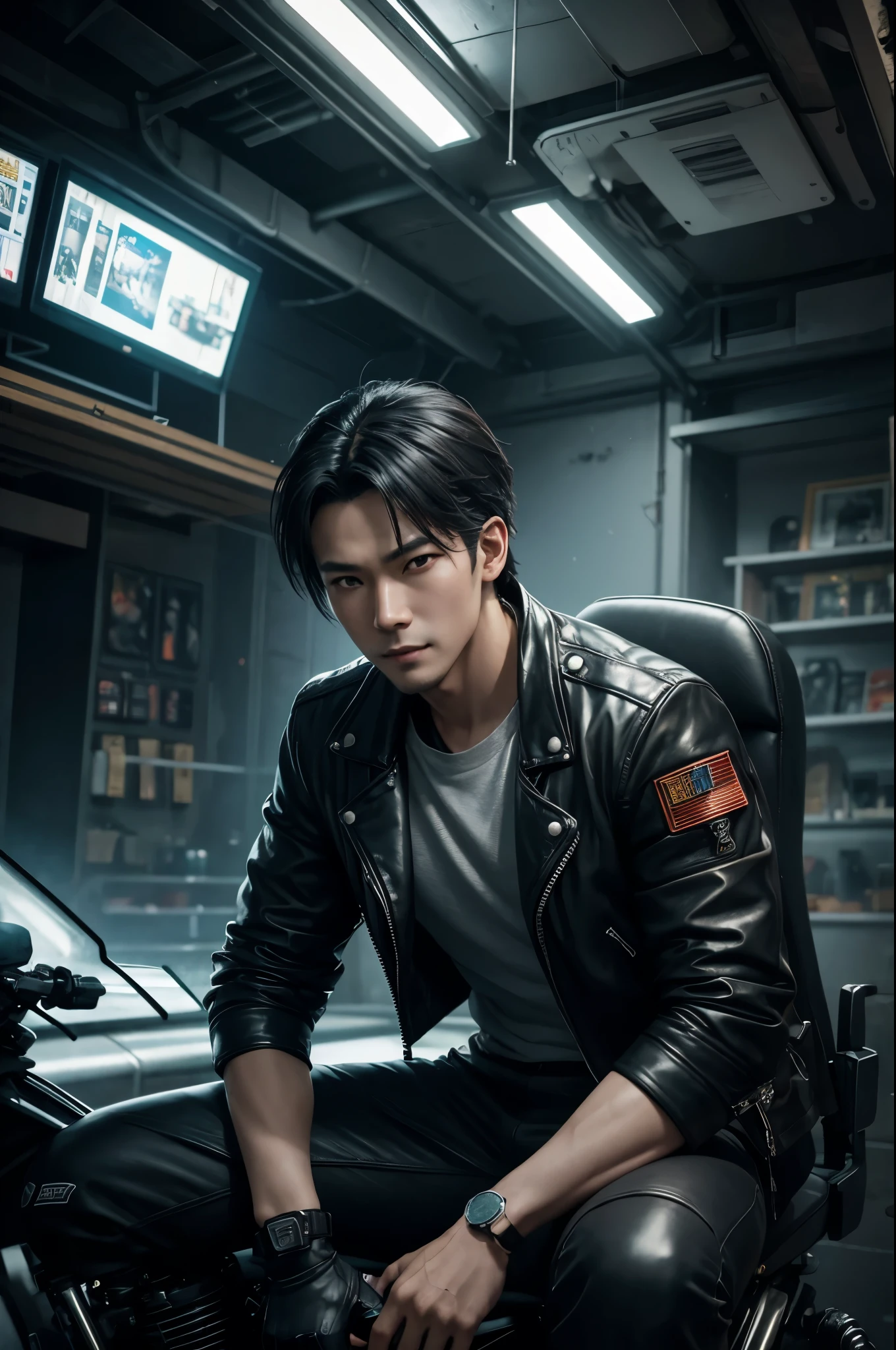 8K,A man in a leather jacket sits on a motorcycle, by ヤン・J, Yanjun Cento, Wojtek Füss, sitting on a cyberpunk bike, Inspired by Yanjun Chen, wlop and ross tran, Makoto Shinkai ( apex legend ), Chengwei Pan at Art Station, cyberpunk hero, cgsociety と fenghua zhong, game CG, fan art,masterpiece,Photorealistic RAW photos of the highest quality。bright colors,rich colors, Backlight, cinematic lighting, film grain, to be born, 50mm lens, Nikon D850,realistic skin,detailed character art,ultra high resolution,realistic skin,mountain path,comical pose,Sad prince,cheerful man,smile,
