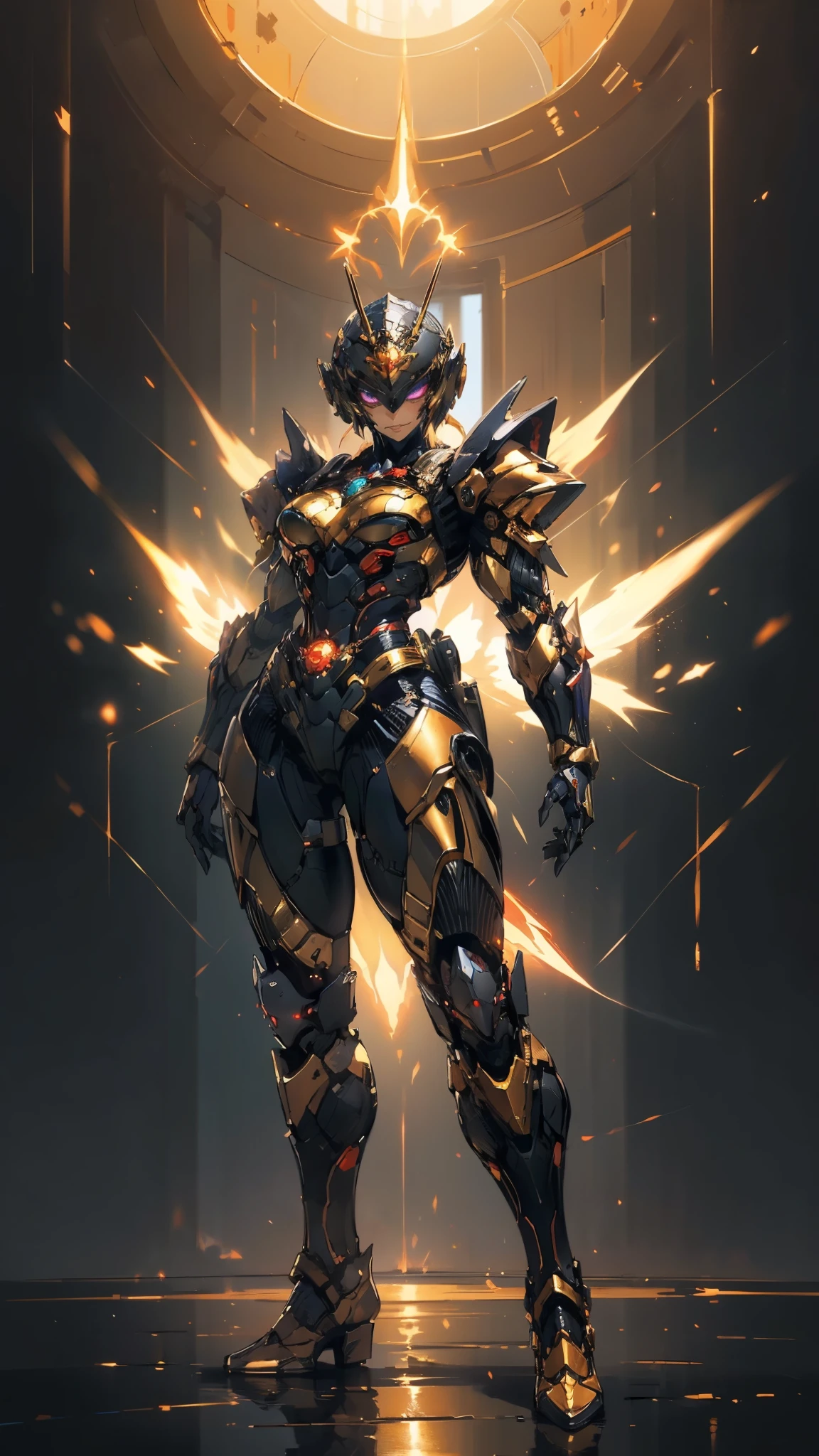 A woman adorned in fantasy-style full-body armor, a crown-concept fully enclosed helmet that unveils only her eyes, a composite layered chest plate, fully encompassing shoulder and hand guards, a lightweight waist armor, form-fitting shin guards, the overall design is heavy-duty yet flexible, ((the armor gleams with a golden glow, complemented by red and blue accents)), exhibiting a noble aura, she floats above a fantasy-surreal high-tech city, this character embodies a finely crafted fantasy-surreal style armored hero in anime style, exquisite and mature manga art style, (Queen bee mixed with Spider concept Armor, plasma, blood), ((Element, energy, elegant, goddess, femminine:1.5)), metallic, high definition, best quality, highres, ultra-detailed, ultra-fine painting, extremely delicate, professional, anatomically correct, symmetrical face, extremely detailed eyes and face, high quality eyes, creativity, RAW photo, UHD, 32k, Natural light, cinematic lighting, masterpiece-anatomy-perfect, masterpiece:1.5