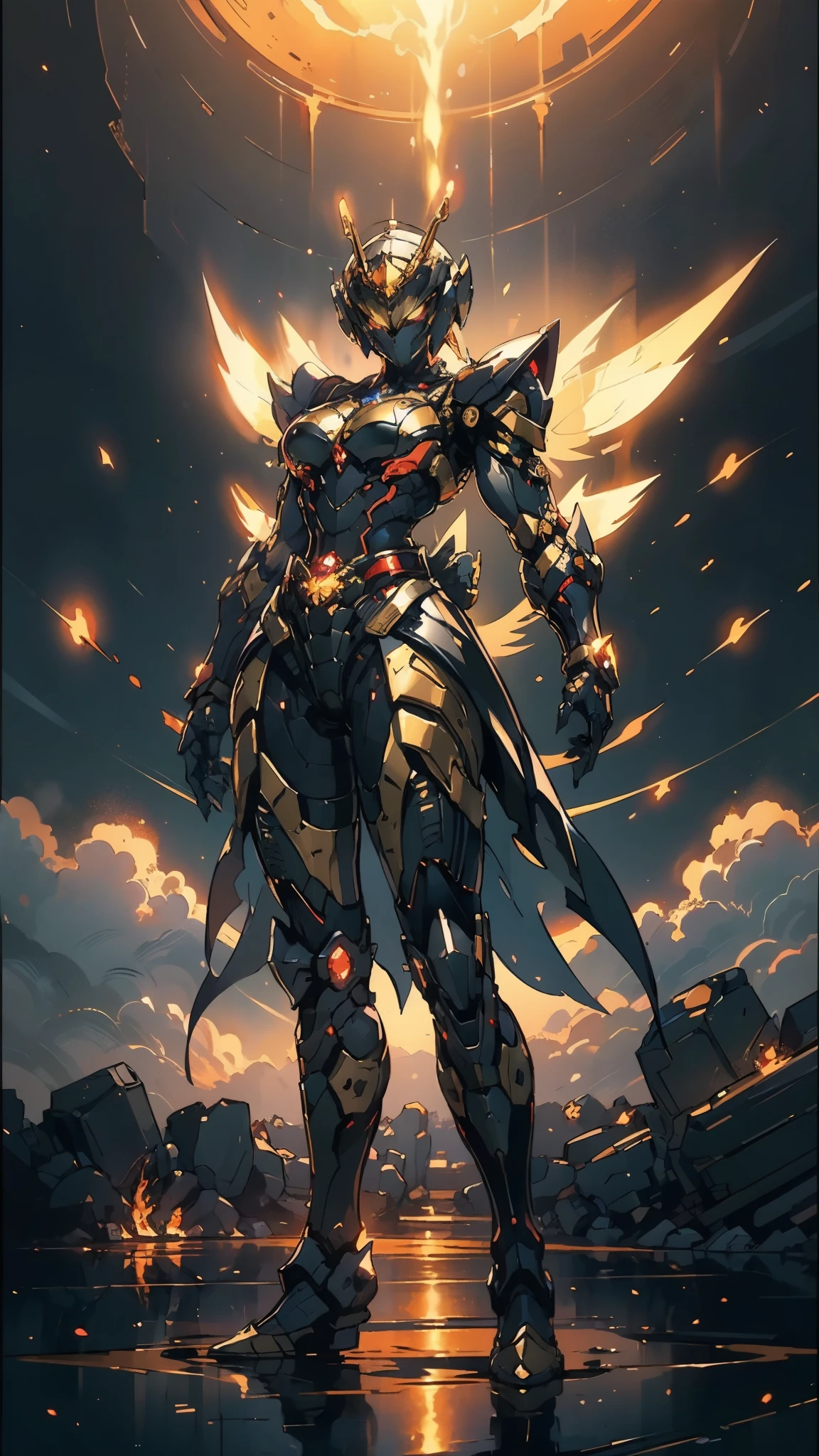 A woman adorned in fantasy-style full-body armor, a crown-concept fully enclosed helmet that unveils only her eyes, a composite layered chest plate, fully encompassing shoulder and hand guards, a lightweight waist armor, form-fitting shin guards, the overall design is heavy-duty yet flexible, ((the armor gleams with a golden glow, complemented by red and blue accents)), exhibiting a noble aura, she floats above a fantasy-surreal high-tech city, this character embodies a finely crafted fantasy-surreal style armored hero in anime style, exquisite and mature manga art style, (Queen bee mixed with Spider concept Armor, plasma, blood), ((Element, energy, elegant, goddess, femminine:1.5)), metallic, high definition, best quality, highres, ultra-detailed, ultra-fine painting, extremely delicate, professional, anatomically correct, symmetrical face, extremely detailed eyes and face, high quality eyes, creativity, RAW photo, UHD, 32k, Natural light, cinematic lighting, masterpiece-anatomy-perfect, masterpiece:1.5