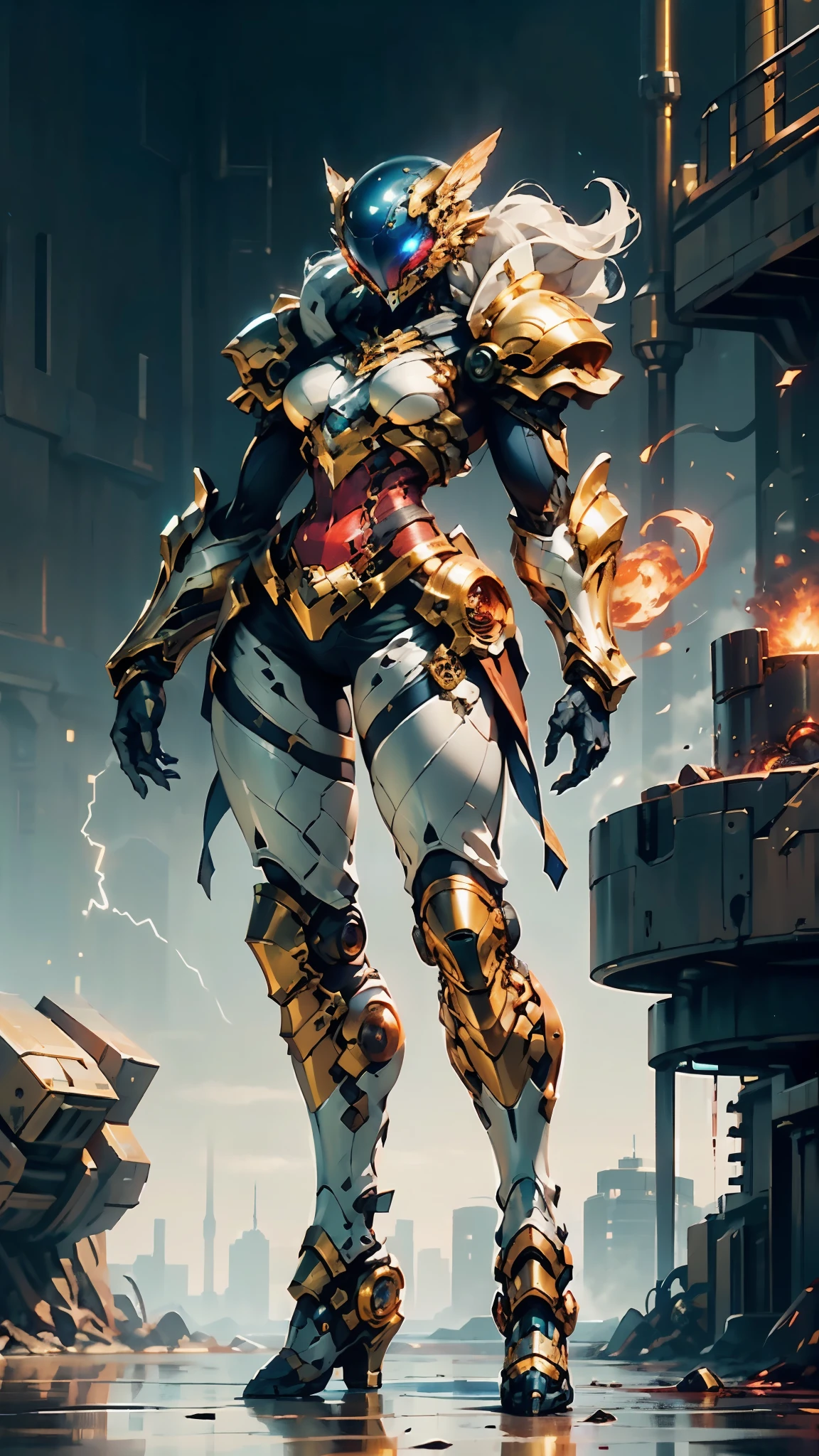 A woman adorned in fantasy-style full-body armor, a crown-concept fully enclosed helmet that unveils only her eyes, a composite layered chest plate, fully encompassing shoulder and hand guards, a lightweight waist armor, form-fitting shin guards, the overall design is heavy-duty yet flexible, ((the armor gleams with a golden glow, complemented by red and blue accents)), exhibiting a noble aura, she floats above a fantasy-surreal high-tech city, this character embodies a finely crafted fantasy-surreal style armored hero in anime style, exquisite and mature manga art style, (Queen bee mixed with Spider concept Armor, plasma, blood), ((Element, energy, elegant, goddess, femminine:1.5)), metallic, high definition, best quality, highres, ultra-detailed, ultra-fine painting, extremely delicate, professional, anatomically correct, symmetrical face, extremely detailed eyes and face, high quality eyes, creativity, RAW photo, UHD, 32k, Natural light, cinematic lighting, masterpiece-anatomy-perfect, masterpiece:1.5