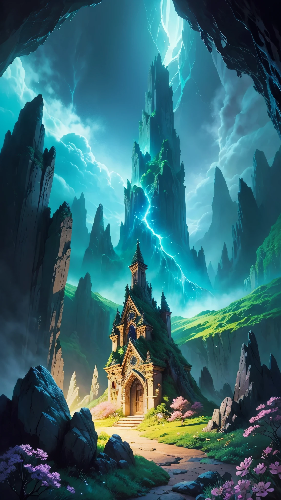 Create an enchanting image of a magical cave in a fantasy world, illuminated by ethereal green crystals that cast a mesmerizing glow. Inside, visualize a sorcerer's home, adorned with mystical artifacts and surrounded by an aura of magic. The sorcerer, with a warm and smiling face, emanates kindness and is known for using her magical abilities to help those in need. Capture the essence of this fantastical realm, where magic and benevolence intertwine in a captivating scene, vibrant ,all inspired by the magical worlds of Studio Ghibli and Hayao Miyazaki,old 2D.