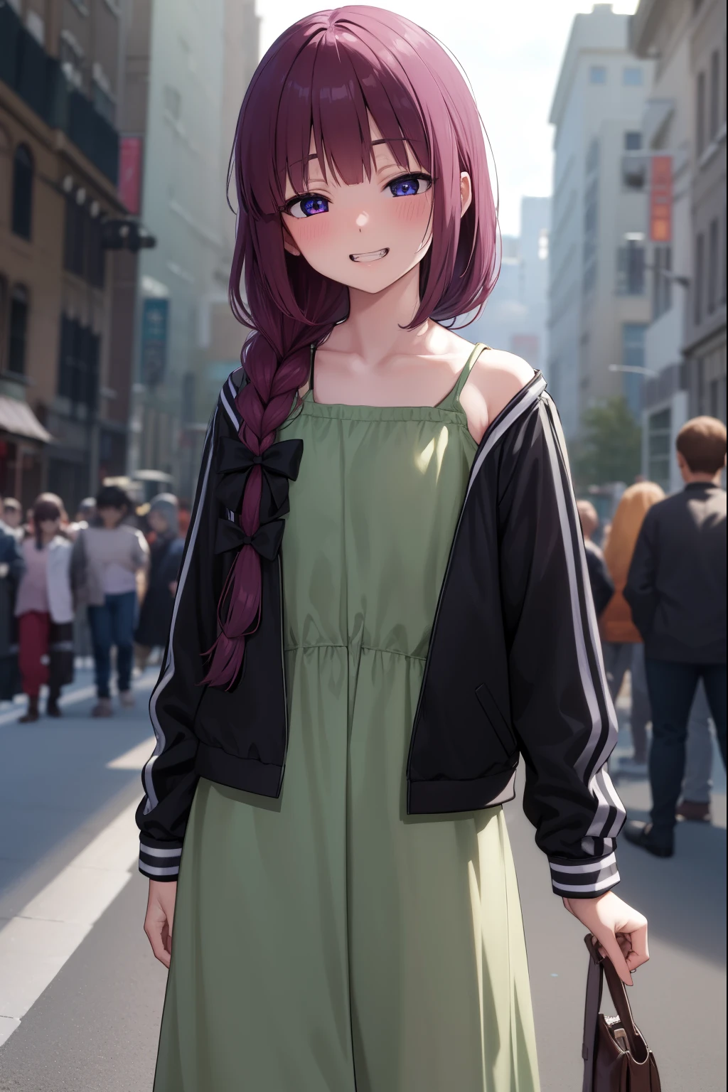 hiroikikuri, kikuri hiroi, black bow, blunt bangs, braid, closed eyes, fang, hair bow, hair over shoulder, long hair, purple hair, sidelocks, single braid, smile, grin, fangs,  teeth,
BREAK black jacket, brown footwear, collarbone, dress, green dress, jacket, long sleeves, open clothes, open jacket, raglan sleeves, sandals, white sleeves,
BREAK outdoors, city, crowd, people,
BREAK looking at viewer, (cowboy shot:1.5), 
BREAK (masterpiece:1.2), best quality, high resolution, unity 8k wallpaper, (illustration:0.8), (beautiful detailed eyes:1.6), extremely detailed face, perfect lighting, extremely detailed CG, (perfect hands, perfect anatomy),