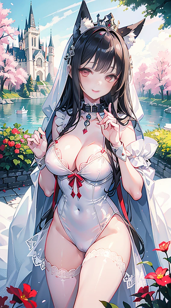 high quality, masterpiece, super detailed, 1 girl, Extremely detailed faces,White latex lace bikini，white cloak，princess crown，Calm expression,bright red lips，Smile，handcuffs，collar，long black hair, Charming pink eyes, fox ears,  castle，garden，waterside，