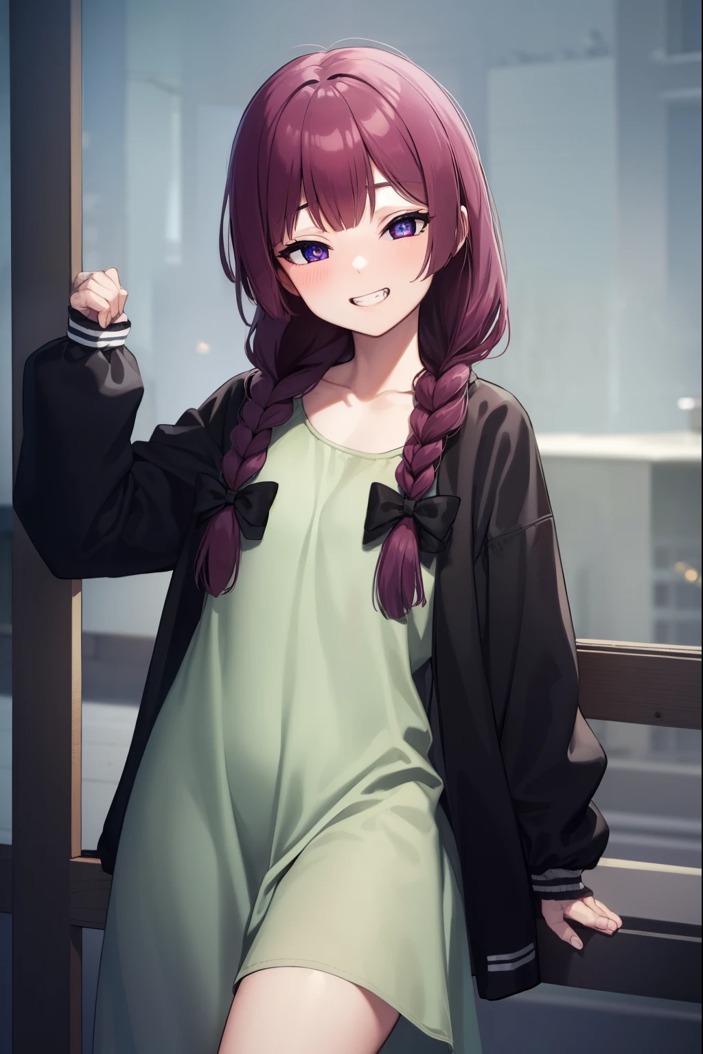 hiroikikuri, kikuri hiroi, black bow, blunt bangs, braid, closed eyes, fang, hair bow, hair over shoulder, long hair, purple hair, sidelocks, single braid, smile, grin, fangs,  teeth,
BREAK black jacket, brown footwear, collarbone, dress, green dress, jacket, long sleeves, open clothes, open jacket, raglan sleeves, sandals, white sleeves,
BREAK outdoors, city, crowd, people,
BREAK looking at viewer, (cowboy shot:1.5), 
BREAK (masterpiece:1.2), best quality, high resolution, unity 8k wallpaper, (illustration:0.8), (beautiful detailed eyes:1.6), extremely detailed face, perfect lighting, extremely detailed CG, (perfect hands, perfect anatomy),