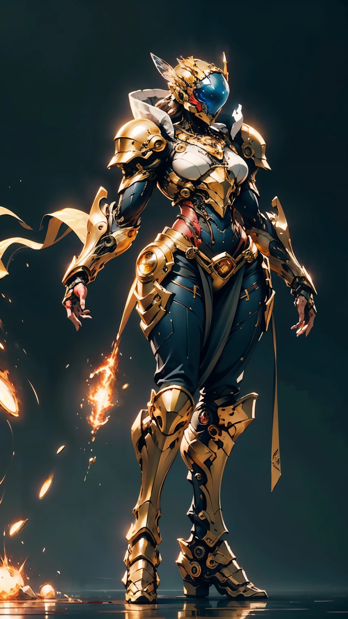 A woman adorned in fantasy-style full-body armor, a crown-concept fully enclosed helmet that unveils only her eyes, a composite layered chest plate, fully encompassing shoulder and hand guards, a lightweight waist armor, form-fitting shin guards, the overall design is heavy-duty yet flexible, ((the armor gleams with a golden glow, complemented by red and blue accents)), exhibiting a noble aura, she floats above a fantasy-surreal high-tech city, this character embodies a finely crafted fantasy-surreal style armored hero in anime style, exquisite and mature manga art style, (Queen bee mixed with Spider concept Armor, plasma, blood), ((Element, energy, elegant, goddess, femminine:1.5)), metallic, high definition, best quality, highres, ultra-detailed, ultra-fine painting, extremely delicate, professional, anatomically correct, symmetrical face, extremely detailed eyes and face, high quality eyes, creativity, RAW photo, UHD, 32k, Natural light, cinematic lighting, masterpiece-anatomy-perfect, masterpiece:1.5