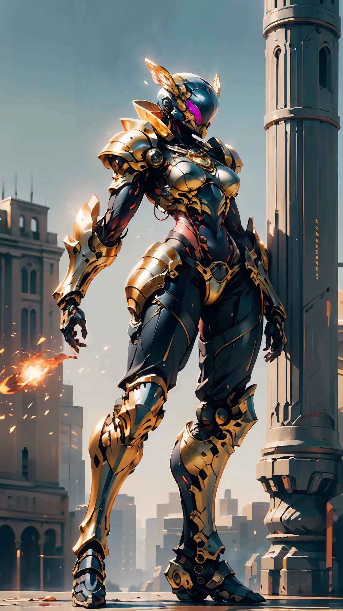 A woman adorned in fantasy-style full-body armor, a crown-concept fully enclosed helmet that unveils only her eyes, a composite layered chest plate, fully encompassing shoulder and hand guards, a lightweight waist armor, form-fitting shin guards, the overall design is heavy-duty yet flexible, ((the armor gleams with a golden glow, complemented by red and blue accents)), exhibiting a noble aura, she floats above a fantasy-surreal high-tech city, this character embodies a finely crafted fantasy-surreal style armored hero in anime style, exquisite and mature manga art style, (Queen bee mixed with Spider concept Armor, plasma, blood), ((Element, energy, elegant, goddess, femminine:1.5)), metallic, high definition, best quality, highres, ultra-detailed, ultra-fine painting, extremely delicate, professional, anatomically correct, symmetrical face, extremely detailed eyes and face, high quality eyes, creativity, RAW photo, UHD, 32k, Natural light, cinematic lighting, masterpiece-anatomy-perfect, masterpiece:1.5