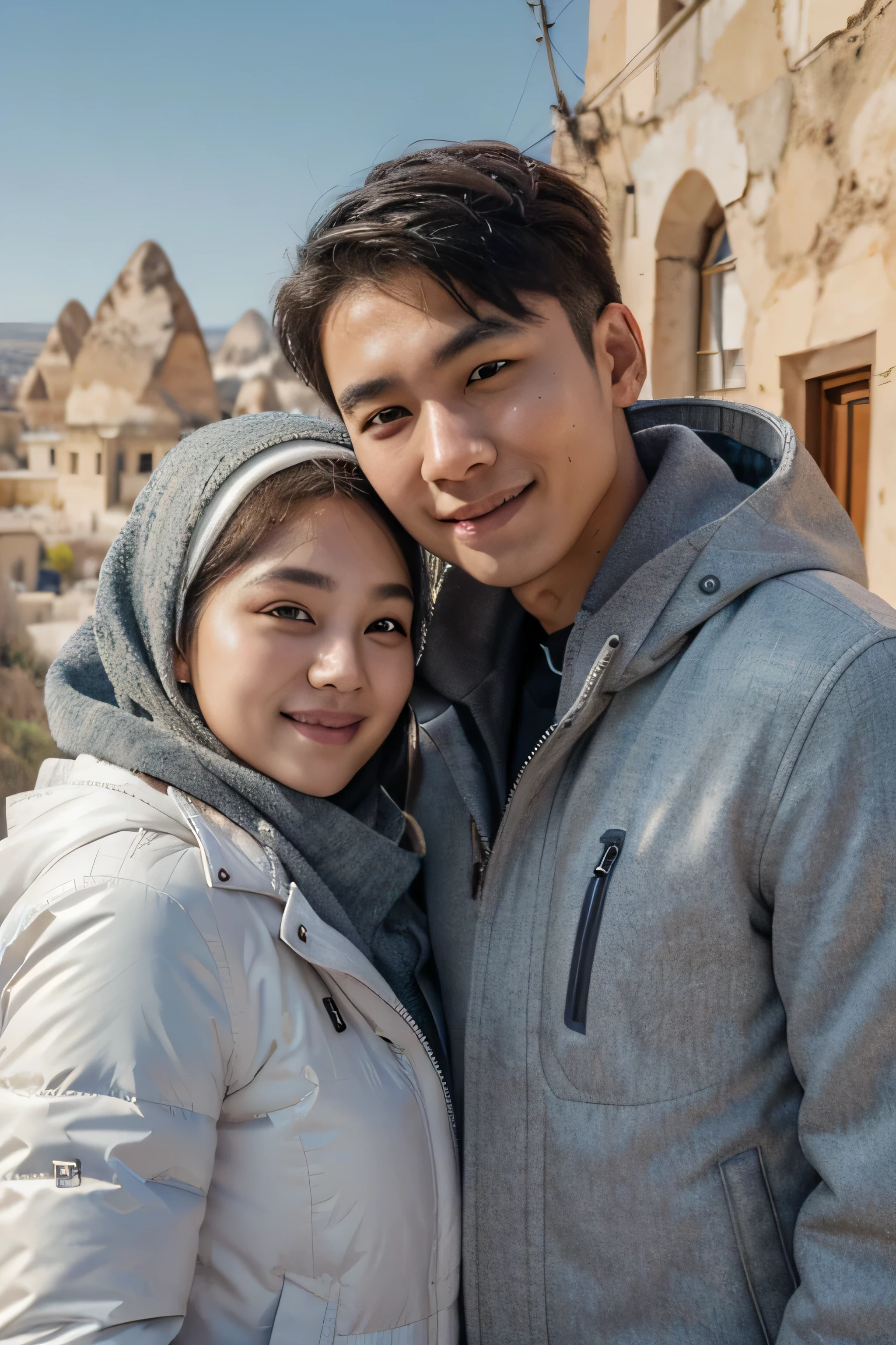 (8K, RAW Photos, Photography, Photorealistic, Realistic, Highest Quality, Intricate Detailedium shot of a 25 year old korean man, fit body, ideal body, oval face, white skin, nature skin, medium hair, wearing a winter jacket, side by side with a 25 year old korean woman with white hijab, gray winter jacket, they smile facing the camera, eye to camera, eye level angle with Cappadocia view in the background.
