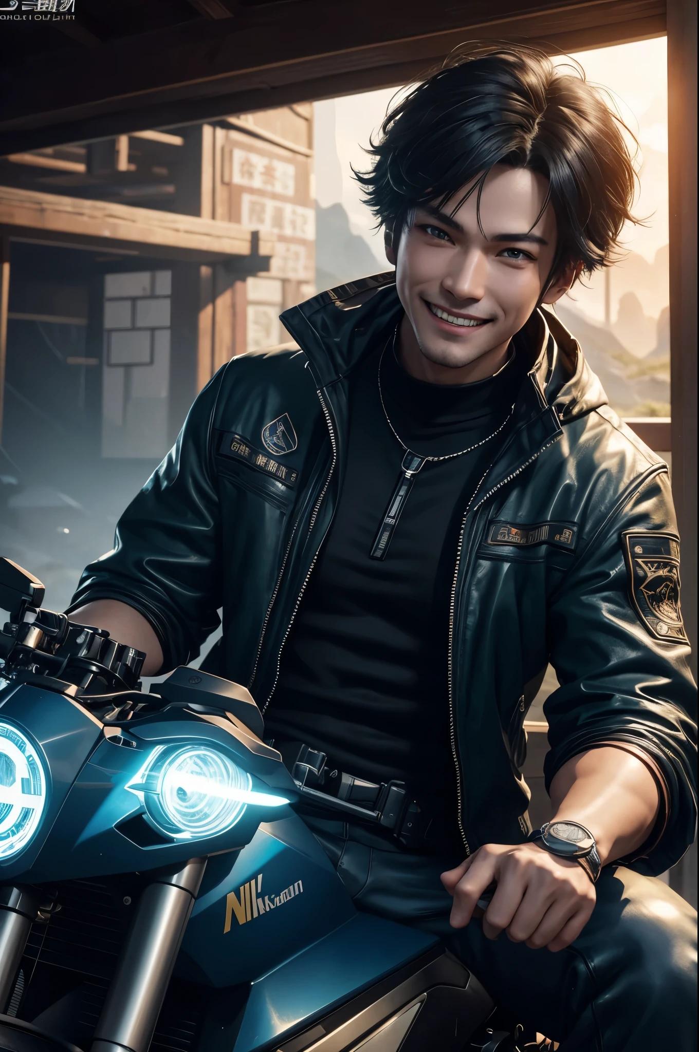 8K,革のジャケットを着たsmileの青年がバイクに座っている, sitting on a cyberpunk bike,  cyberpunk hero, cgsociety と fenghua zhong, game CG, fan art,masterpiece,Photorealistic RAW photos of the highest quality。bright colors,rich colors, Backlight, cinematic lighting, film grain, to be born, 50mm lens, Nikon D850,realistic skin,detailed character art,fantasy art,ultra high resolution,realistic skin,mountain path,comical pose,Sad prince,cheerful man,smile,