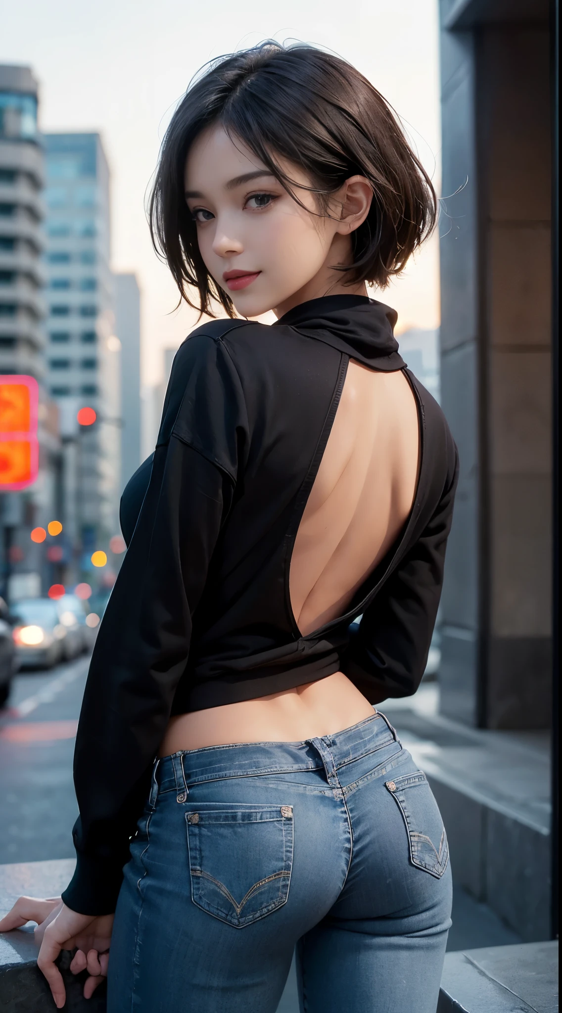 (((The line of the edge of the panties is protruding))), ((facing back)), ((Super close-up of buttocks)), ((Black skinny long jeans)), ((Sweatshirt)), A city scape, (NSFW), 1womanl, Solo, 24 year old, 7headed body, (cute  face), (Ideal ratio body proportions), (Composition from head to thigh), Smiling smile, erectile nipple, Sexy body, Wet, short-hair, Dark hair, , A slender, Small buttocks, beauty legs, Skinny Legs, surrealism, Cinematic lighting, depth of fields, One-person viewpoint, F/1.8, 135 mm, nffsw, masutepiece, ccurate, ((Anatomically correct)), Textured skin, Super Detail, high details, High quality, awardwinning, Best Quality, hight resolution, 8K