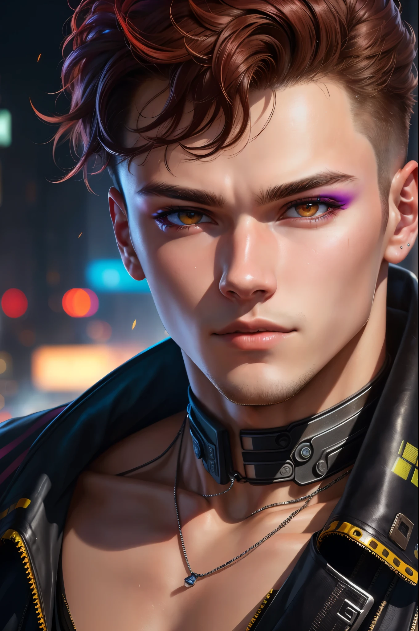 A young man, 16yo, The background of the city is cyberpunk, extreme close up portrait, Detailed, eye shadow, 8k resolution, Realism,