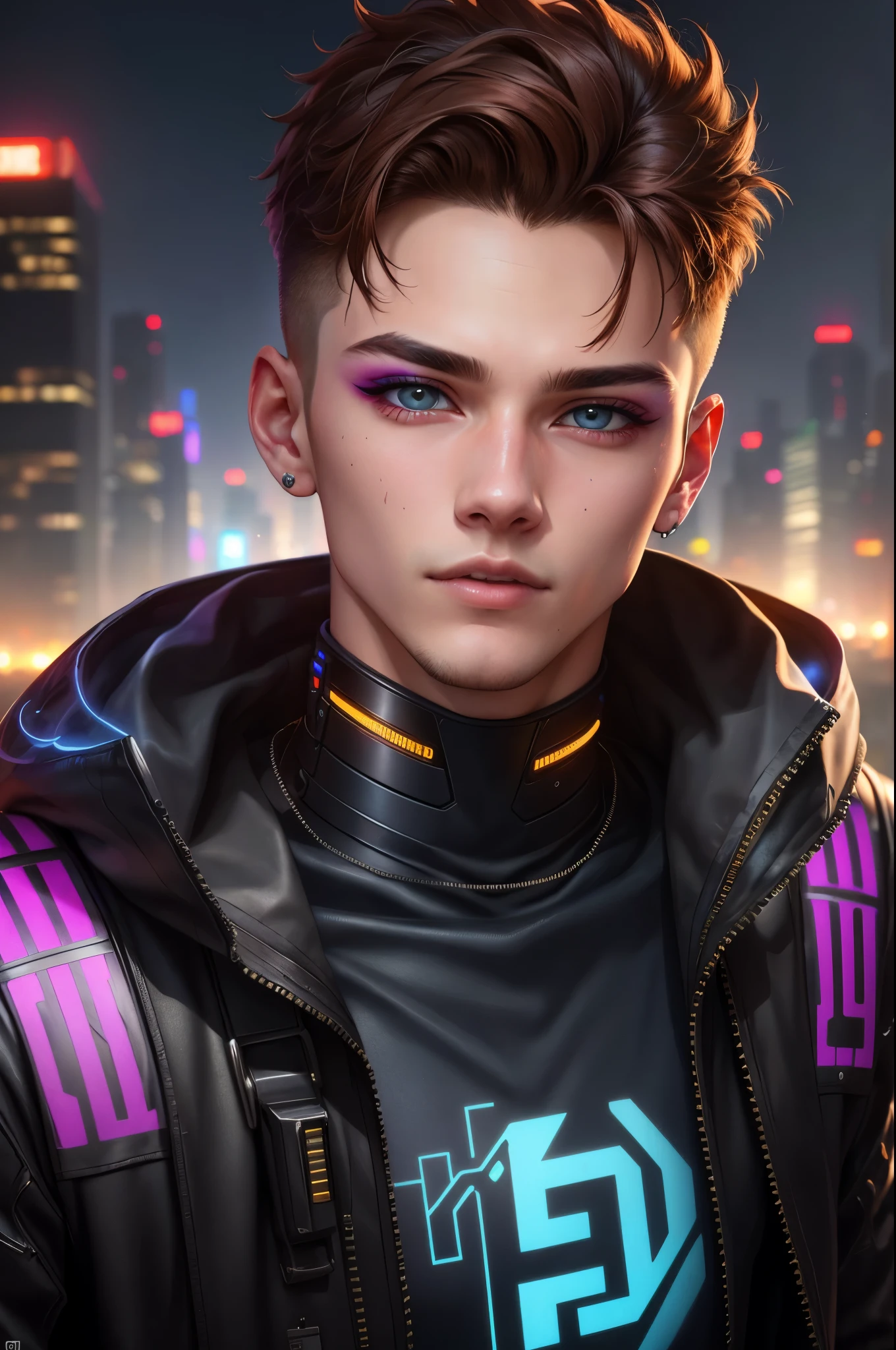 A young man, 16yo, The background of the city is cyberpunk, extreme close up portrait, Detailed, eye shadow, 8k resolution, Realism,