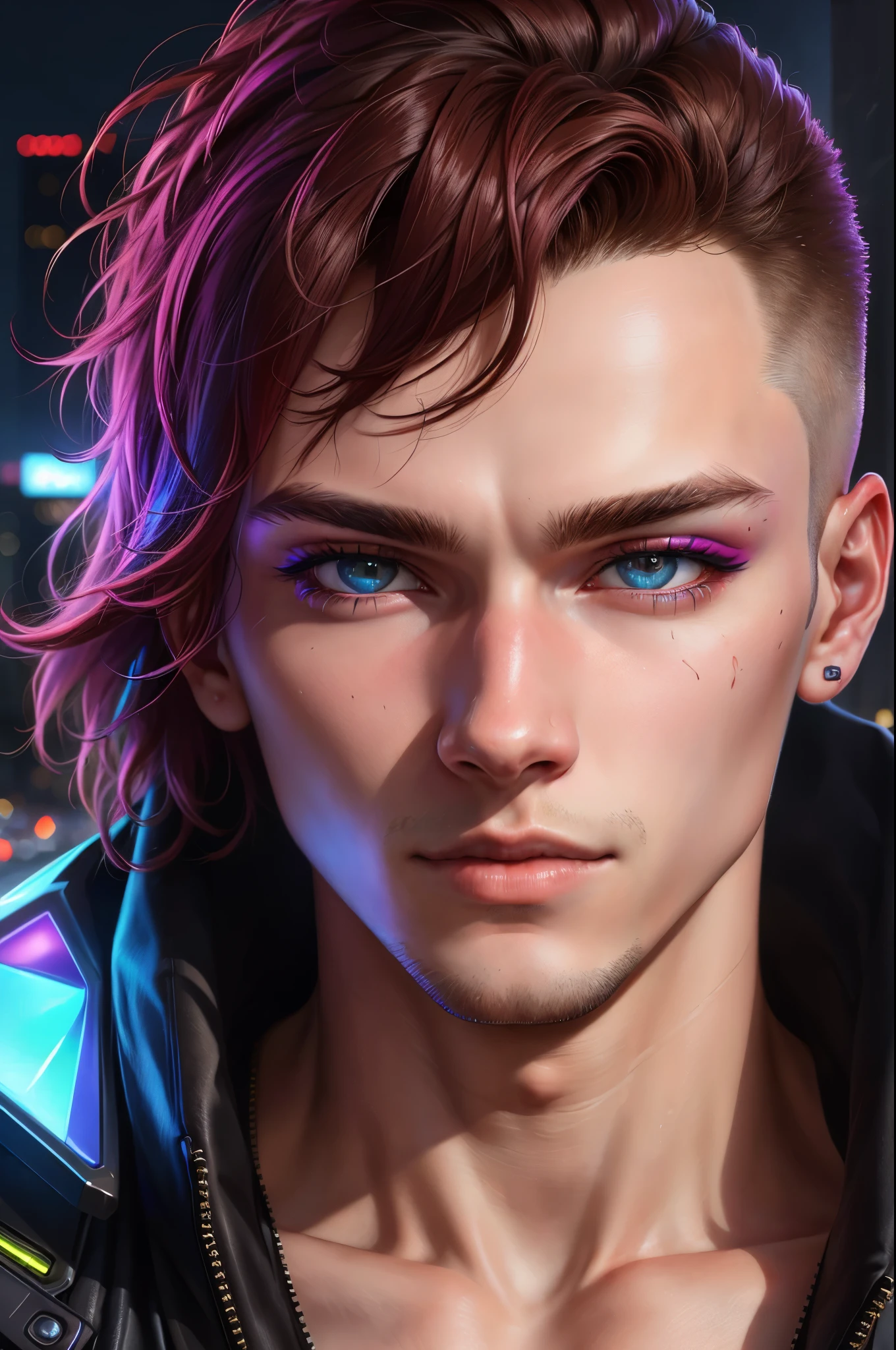 A young man, 16yo, The background of the city is cyberpunk, extreme close up portrait, Detailed, eye shadow, 8k resolution, Realism,