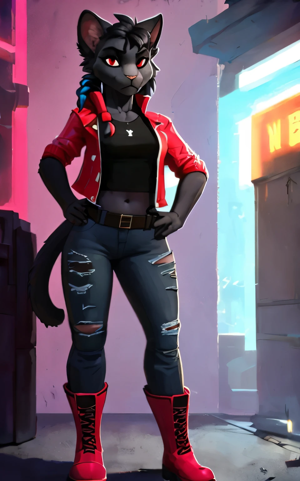 8k,4k,((Best quality, masterpiece, ultra high resolution)),((full body, by pixelsketcher)), Clairen,furry, tail, animal ears, cat ears, cat tail, furry,black fur, black hair, furry female,red eyes, torn clothes, pants, jacket, belt, denim, red jacket, shoes, jeans, animal nose, shirt, black shirt,braid,multicolored hair, blue hair, red boots, boots,cyberpunk,((hair)),long hair, navel, wide hips, hands on hips,