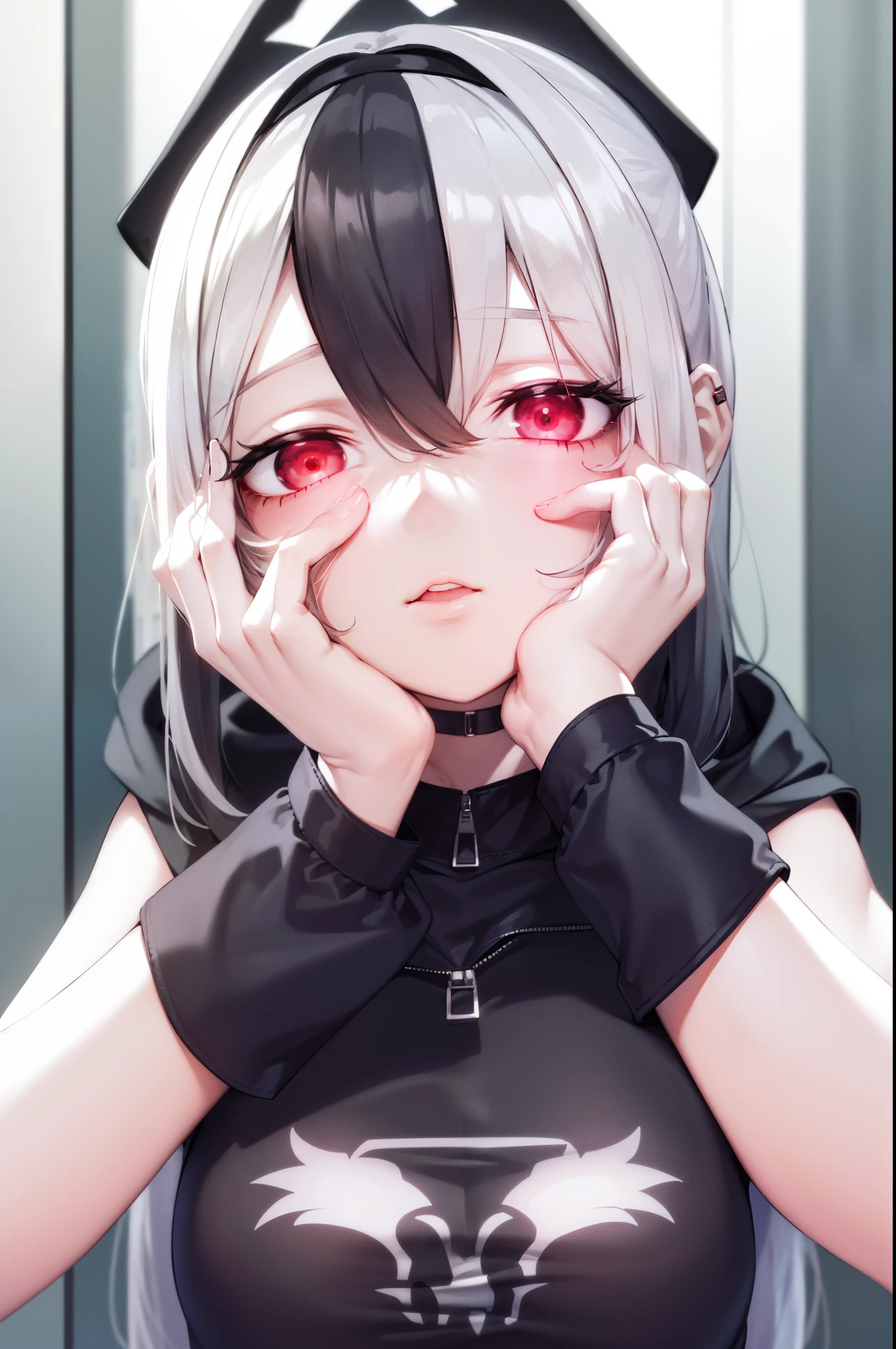 ((best quality)), ((highly detailed)), masterpiece, absurdres, (white hair with black bang),(detailed eyes, deep red eyes), (1girl), yandere trance, yandere, hands on own face, hands on own cheeks, shaded face, ((glowing eyes)), (upper body), hexmaniacms, ((@.@)), bags under eyes, ahoge, headband, black hair, pale skin, big breasts, , black clothes, (at a cafe, coffee, noon),
BREAK black hoodie, choker, hood, hoodie, pleated skirt, skirt, red skirt,
BREAK (masterpiece:1.2), best quality, high resolution, unity 8k wallpaper, (illustration:0.8), (beautiful detailed eyes:1.6), extremely detailed face, perfect lighting, extremely detailed CG, (perfect hands, perfect anatomy),