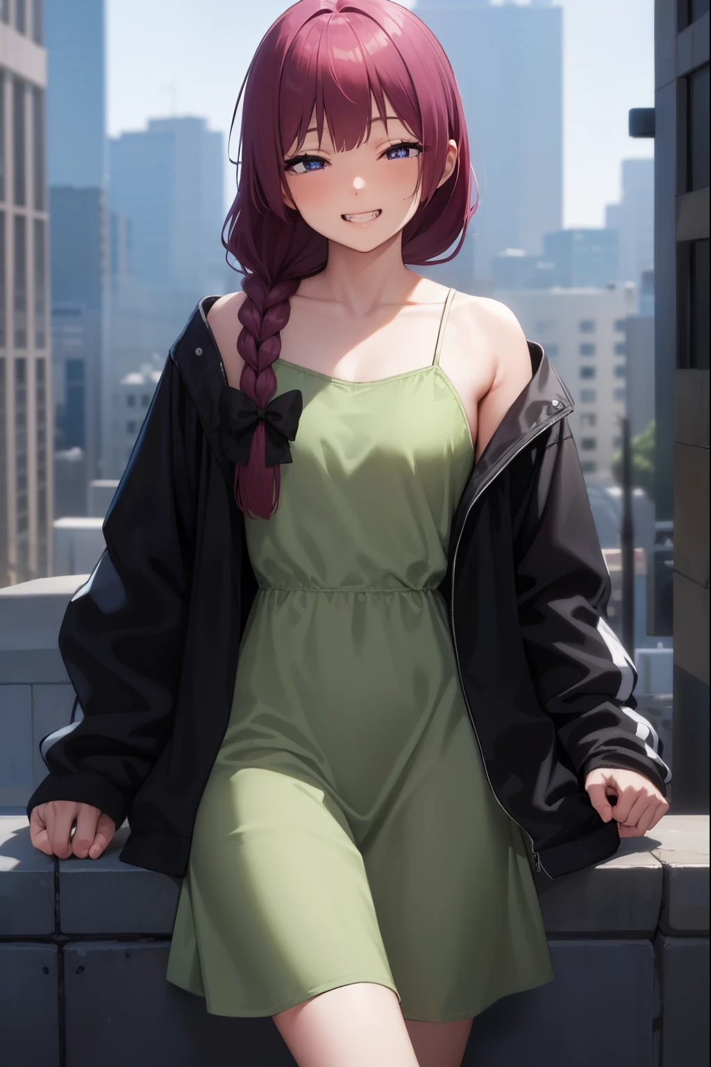 hiroikikuri, kikuri hiroi, black bow, blunt bangs, braid, closed eyes, fang, hair bow, hair over shoulder, long hair, purple hair, sidelocks, single braid, smile, grin, fangs,  teeth,
BREAK black jacket, brown footwear, collarbone, dress, green dress, jacket, long sleeves, open clothes, open jacket, raglan sleeves, sandals, white sleeves,
BREAK outdoors, city, crowd, people,
BREAK looking at viewer, (cowboy shot:1.5), 
BREAK (masterpiece:1.2), best quality, high resolution, unity 8k wallpaper, (illustration:0.8), (beautiful detailed eyes:1.6), extremely detailed face, perfect lighting, extremely detailed CG, (perfect hands, perfect anatomy),