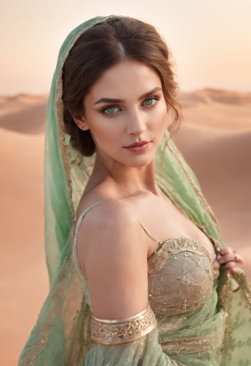 glowing white skin, beautiful face, veiled, Moroccan tribal theme, silver jewelry, ((crystal clear green eyes:1.2)), detailed eyes, beautiful masterpiece, UHD, 8K)), Depth of field, sand dunes, cleavage, large breasts, focus on eyes, breasts popping out, detailed skin, texture skin, sexy shoulders, golden hour, highly detailed skin, long eyelashes, black mascara, perfect face, long dress, portrait