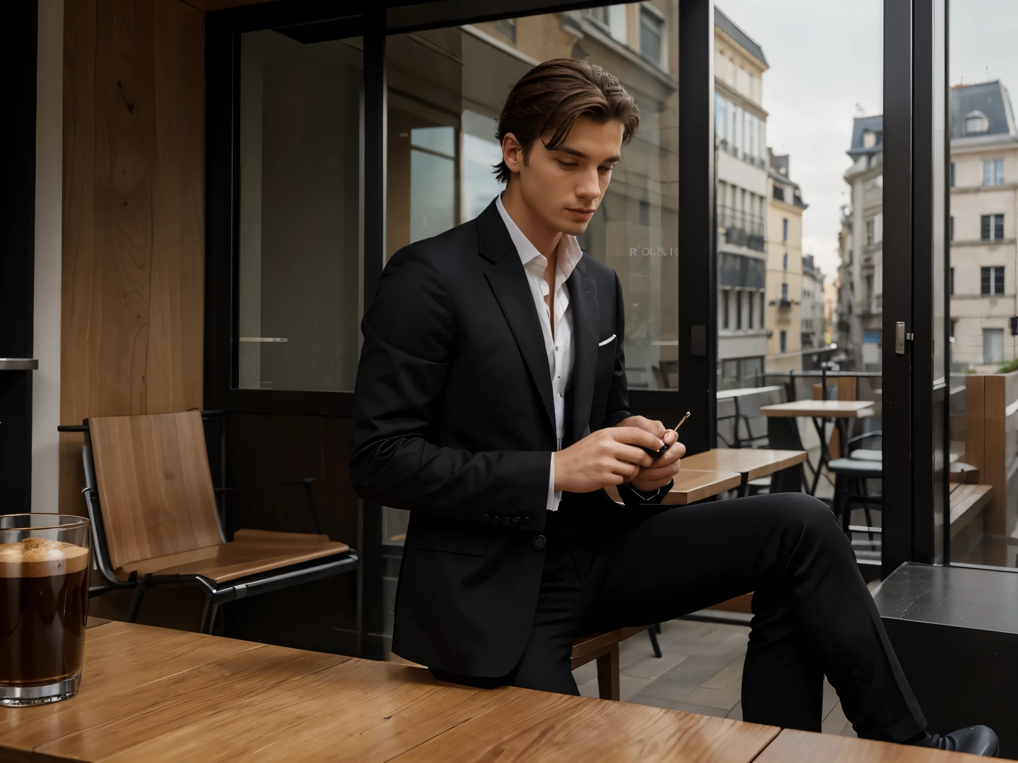 Un jeune homme riche en costume ???? de haute qualité qui bois du café. Et une cigarette a la main en haut de son building regardant la ville à 11h 30 du matin