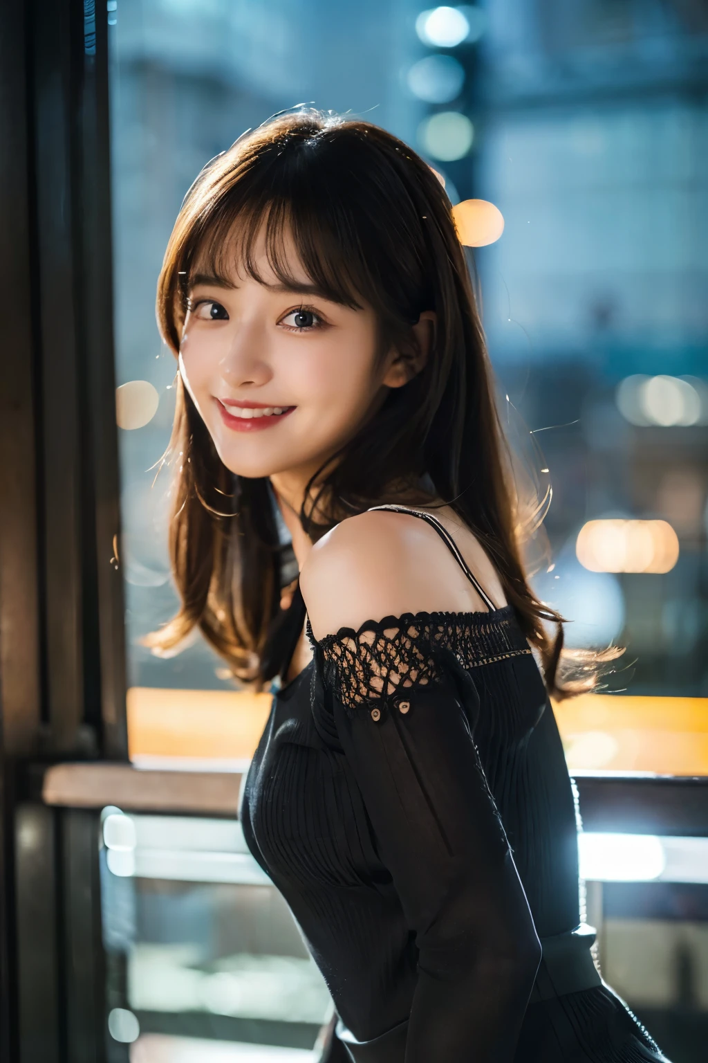 ulzzang -6500-v1.1, (Raw photo:1.2), (Photorealsitic), a beautiful detailed girl, (Real: 1.4), extremely detailed eye and face, ((PastelColors、Knitted dresses、Super realistic black tights))、((Night city:1.4)), selfee, Instagram、game_nffsw, huge filesize, hight resolution, ighly detailed, top-quality, [​masterpiece:1.6], illustratio, ighly detailed, nffsw, finely detail, top-quality, 8k wallpaper, Cinematographic lighting, 1girl in, 17 age, perfect body type, cute droopy eyes beautiful big eyes、Pieckfinger, ((masutepiece)), Best Quality, 1girl in, eye shadow,  Portrait, ((FULL BODYSHOT:1.4))、(Very affectionate smile:1.2)、realistic skin textures、shinny skin、Exposed thighs!!!