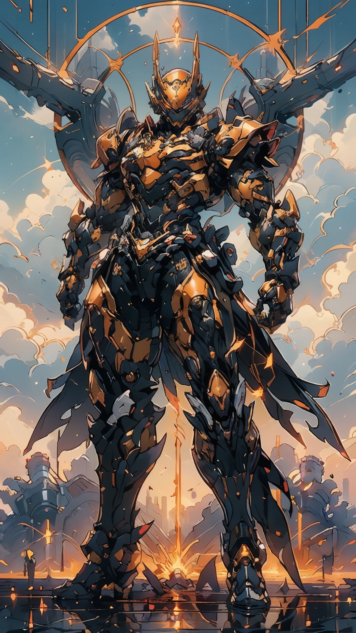 A woman adorned in fantasy-style full-body armor, a crown-concept fully enclosed helmet that unveils only her eyes, a composite layered chest plate, fully encompassing shoulder and hand guards, a lightweight waist armor, form-fitting shin guards, the overall design is heavy-duty yet flexible, ((the armor gleams with a golden glow, complemented by red and blue accents)), exhibiting a noble aura, she floats above a fantasy-surreal high-tech city, this character embodies a finely crafted fantasy-surreal style armored hero in anime style, exquisite and mature manga art style, (Queen bee mixed with Spider concept Armor, plasma, blood), ((Element, energy, elegant, goddess, femminine:1.5)), metallic, high definition, best quality, highres, ultra-detailed, ultra-fine painting, extremely delicate, professional, anatomically correct, symmetrical face, extremely detailed eyes and face, high quality eyes, creativity, RAW photo, UHD, 32k, Natural light, cinematic lighting, masterpiece-anatomy-perfect, masterpiece:1.5