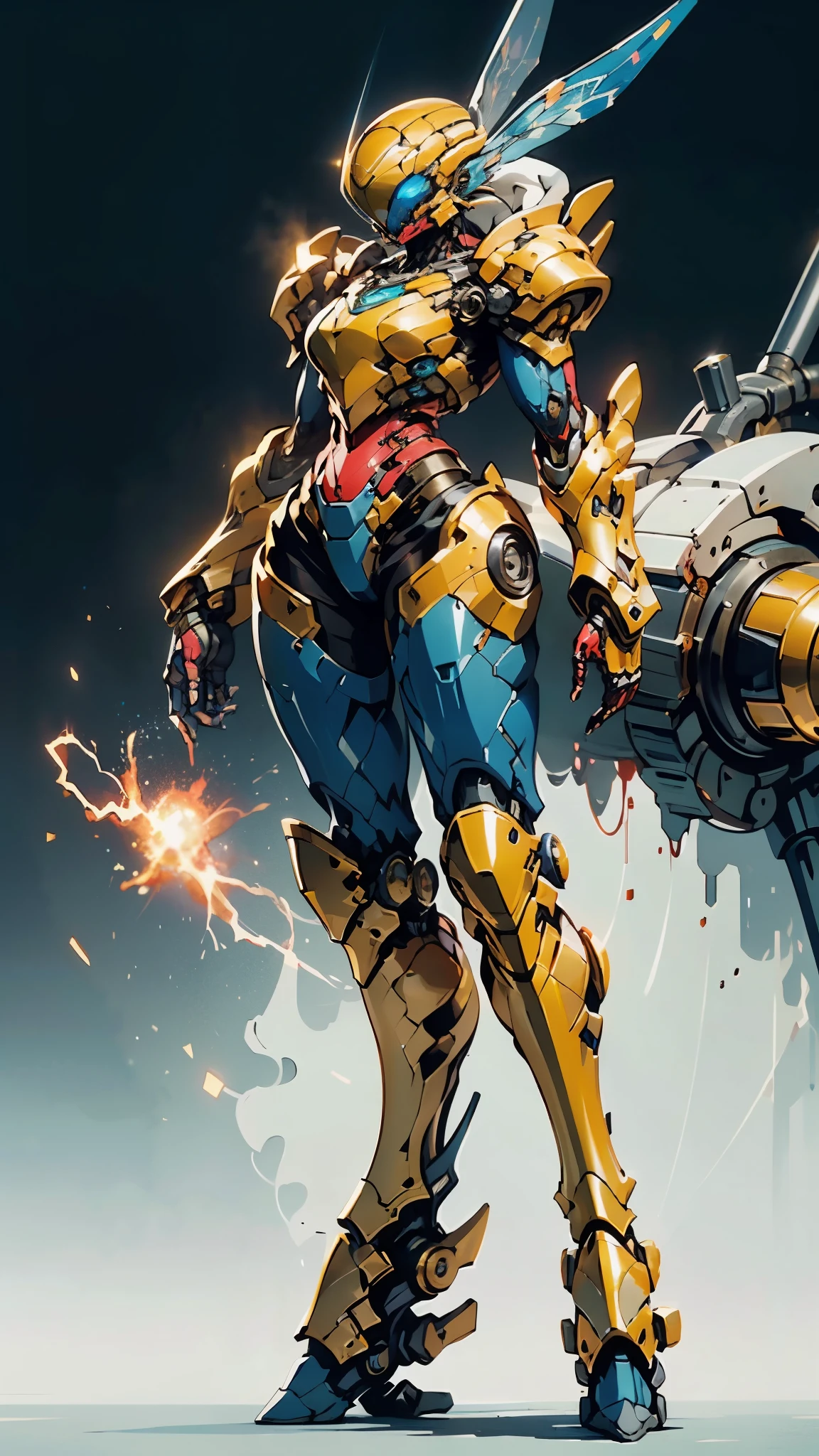 A woman adorned in fantasy-style full-body armor, a crown-concept fully enclosed helmet that unveils only her eyes, a composite layered chest plate, fully encompassing shoulder and hand guards, a lightweight waist armor, form-fitting shin guards, the overall design is heavy-duty yet flexible, ((the armor gleams with a golden glow, complemented by red and blue accents)), exhibiting a noble aura, she floats above a fantasy-surreal high-tech city, this character embodies a finely crafted fantasy-surreal style armored hero in anime style, exquisite and mature manga art style, (Queen bee mixed with Spider concept Armor, plasma, blood), ((Element, energy, elegant, goddess, femminine:1.5)), metallic, high definition, best quality, highres, ultra-detailed, ultra-fine painting, extremely delicate, professional, anatomically correct, symmetrical face, extremely detailed eyes and face, high quality eyes, creativity, RAW photo, UHD, 32k, Natural light, cinematic lighting, masterpiece-anatomy-perfect, masterpiece:1.5