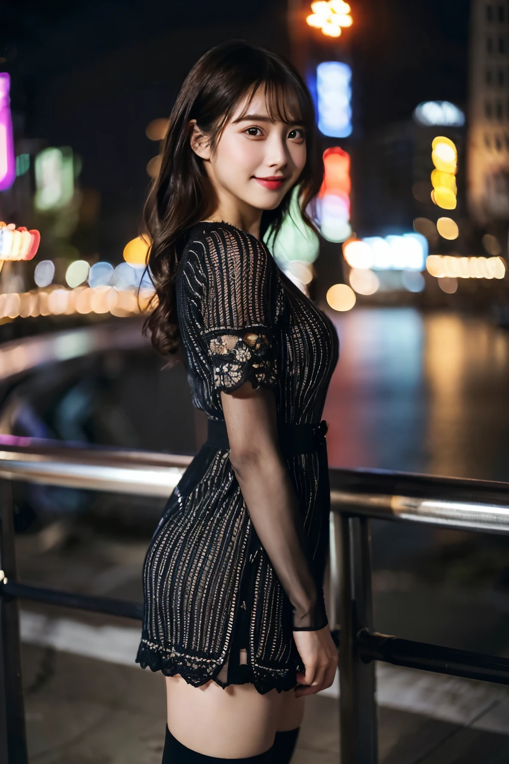 ulzzang -6500-v1.1, (Raw photo:1.2), (Photorealsitic), a beautiful detailed girl, (Real: 1.4), extremely detailed eye and face, ((PastelColors、Knitted dresses、Super realistic black tights))、((Night city:1.4)), selfee, Instagram、game_nffsw, huge filesize, hight resolution, ighly detailed, top-quality, [​masterpiece:1.6], illustratio, ighly detailed, nffsw, finely detail, top-quality, 8k wallpaper, Cinematographic lighting, 1girl in, , perfect body type, cute droopy eyes beautiful big eyes、Pieckfinger, ((masutepiece)), Best Quality, 1girl in, eye shadow,  Portrait, ((FULL BODYSHOT:1.4))、(Very affectionate smile:1.2)、realistic skin textures、shinny skin、Exposed thighs!!!