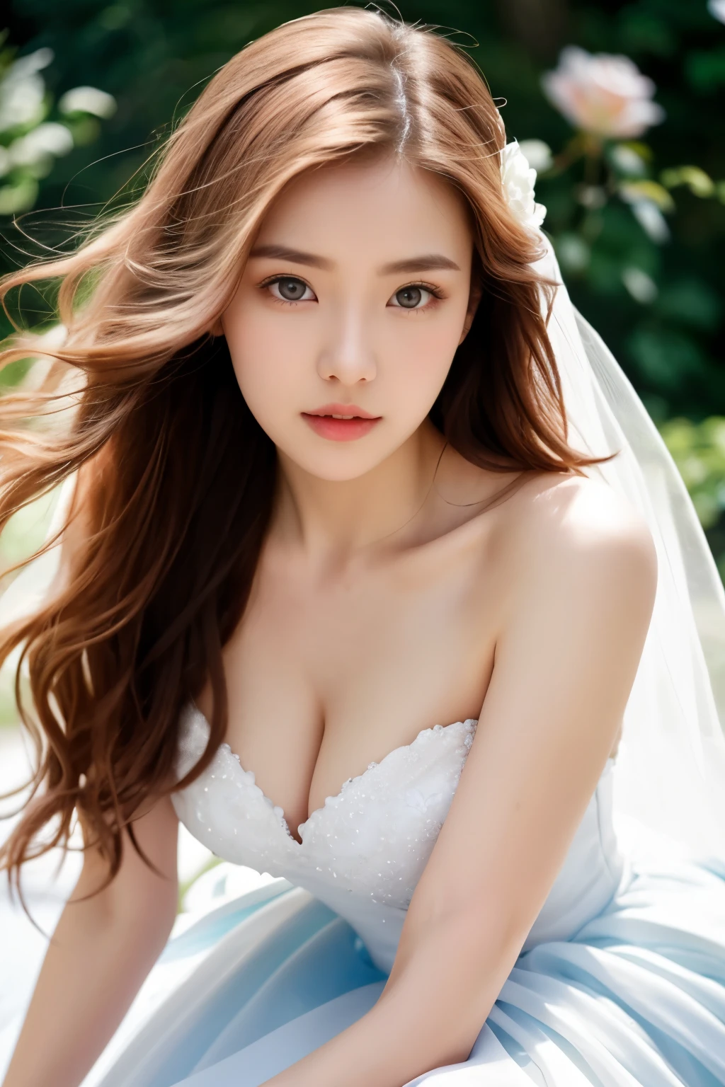 {{NSFW}},((highest quality、In 8K、masterpiece:1.1)),(natural light),(glowing:1.4),(lighting forward),1 woman in Japan、japanese woman、28 year old adult woman、japanese girl、long pink hair swaying in the wind、long-haired pink color、bob hair、ピンク色hair、Hair dyed pink、red hair、桃色hair、Woman with dark eyes、Drooping eyes、drooping eyes、cute big eyes、Beautiful double eyes、cute face、delicate and beautiful skin、human-like skin、Realistic skin feel、複雑な色hair、complicated hairstyle、luster々hair、looking at camera、A woman looking slightly upwards、double round big eyes、very delicate eyes、super detailed face、High-definition lips、thick lips、emphasize the face、clear white skin、beautiful white woman、above the knee、白いWedding dress、Wedding dress、wedding style、A woman surrounded by beautiful blue flowers、A woman surrounded by many blue roses、A rose so blue that a woman can't see it、